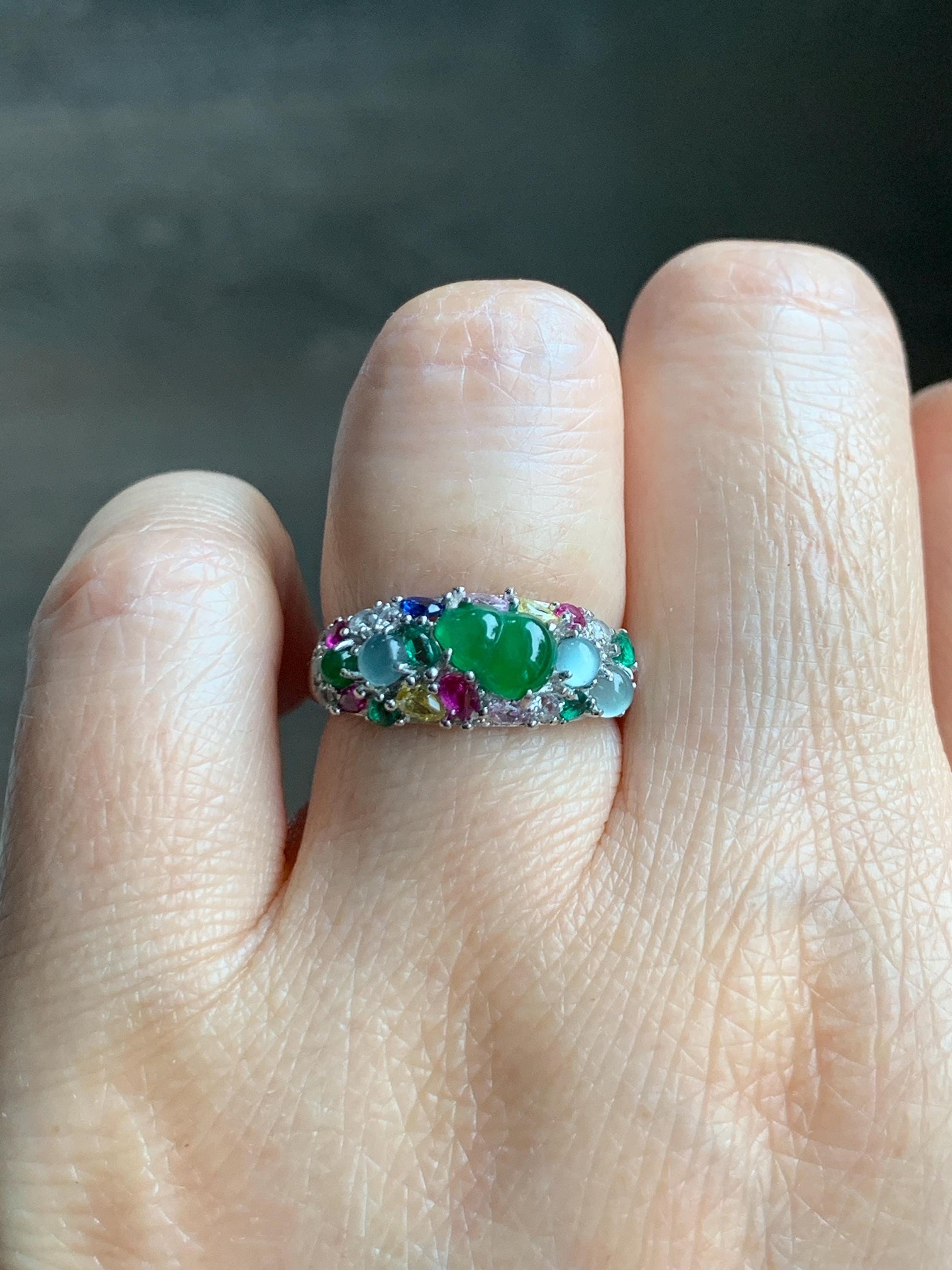 Natural Grade A Guatemalan Icy Translucent Vibrant Green Jade Jadeite Gourd Hulu Band Ring Sterling Silver Size 7 天然冰危绿翡翠花开富贵银镶戒指 HKFL98B
