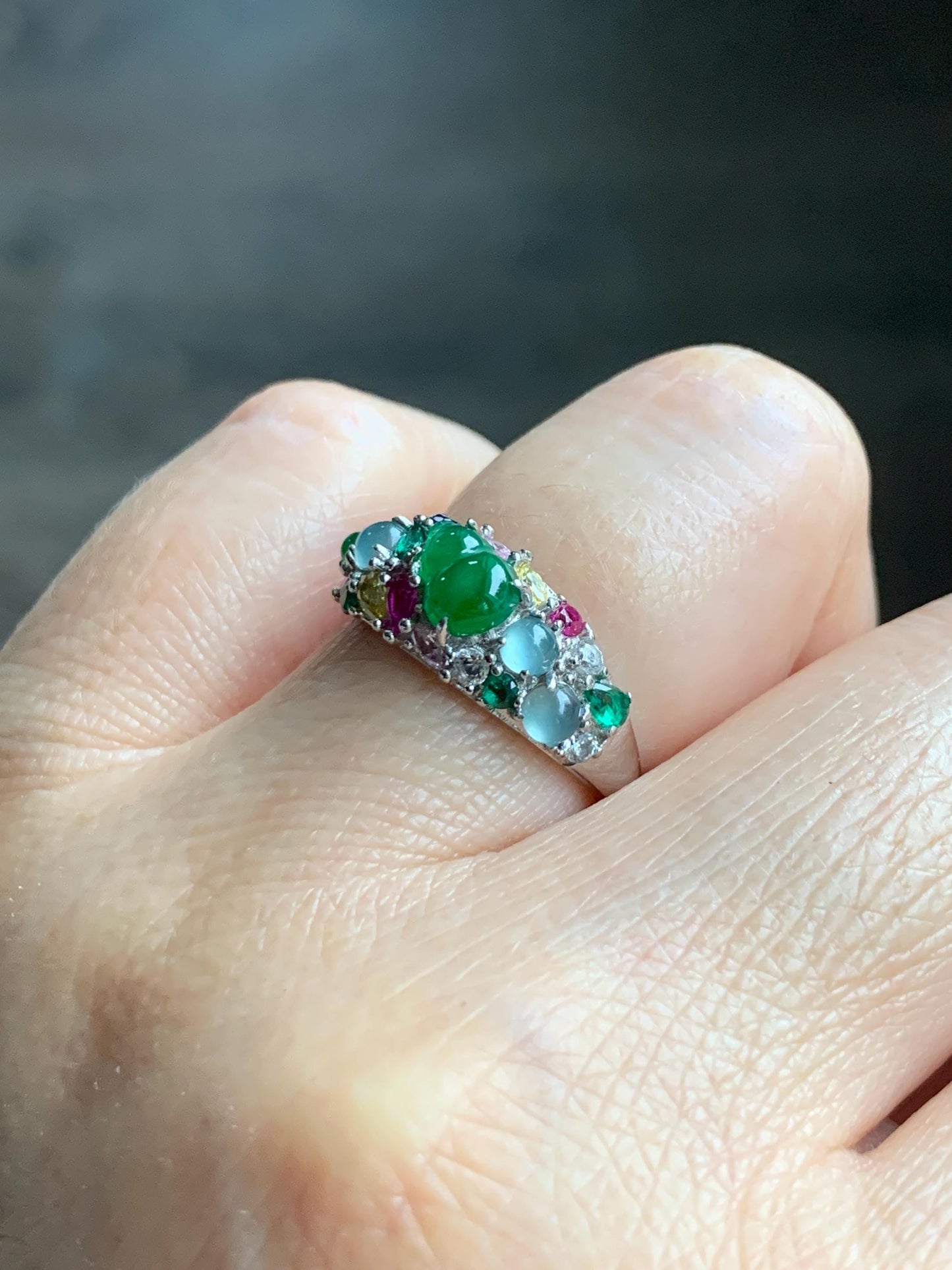 Natural Grade A Guatemalan Icy Translucent Vibrant Green Jade Jadeite Gourd Hulu Band Ring Sterling Silver Size 7 天然冰危绿翡翠花开富贵银镶戒指 HKFL98B