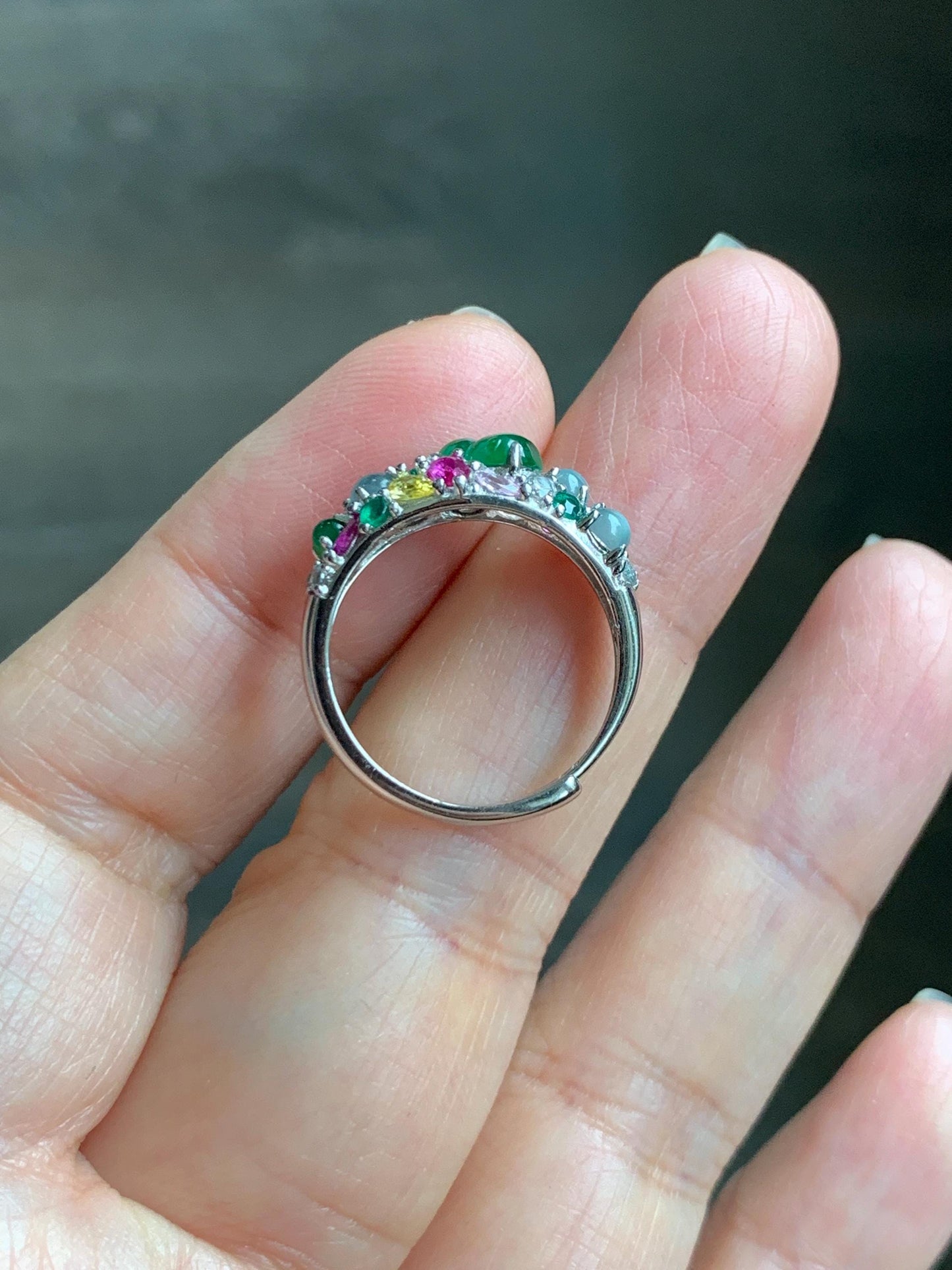 Natural Grade A Guatemalan Icy Translucent Vibrant Green Jade Jadeite Gourd Hulu Band Ring Sterling Silver Size 7 天然冰危绿翡翠花开富贵银镶戒指 HKFL98B