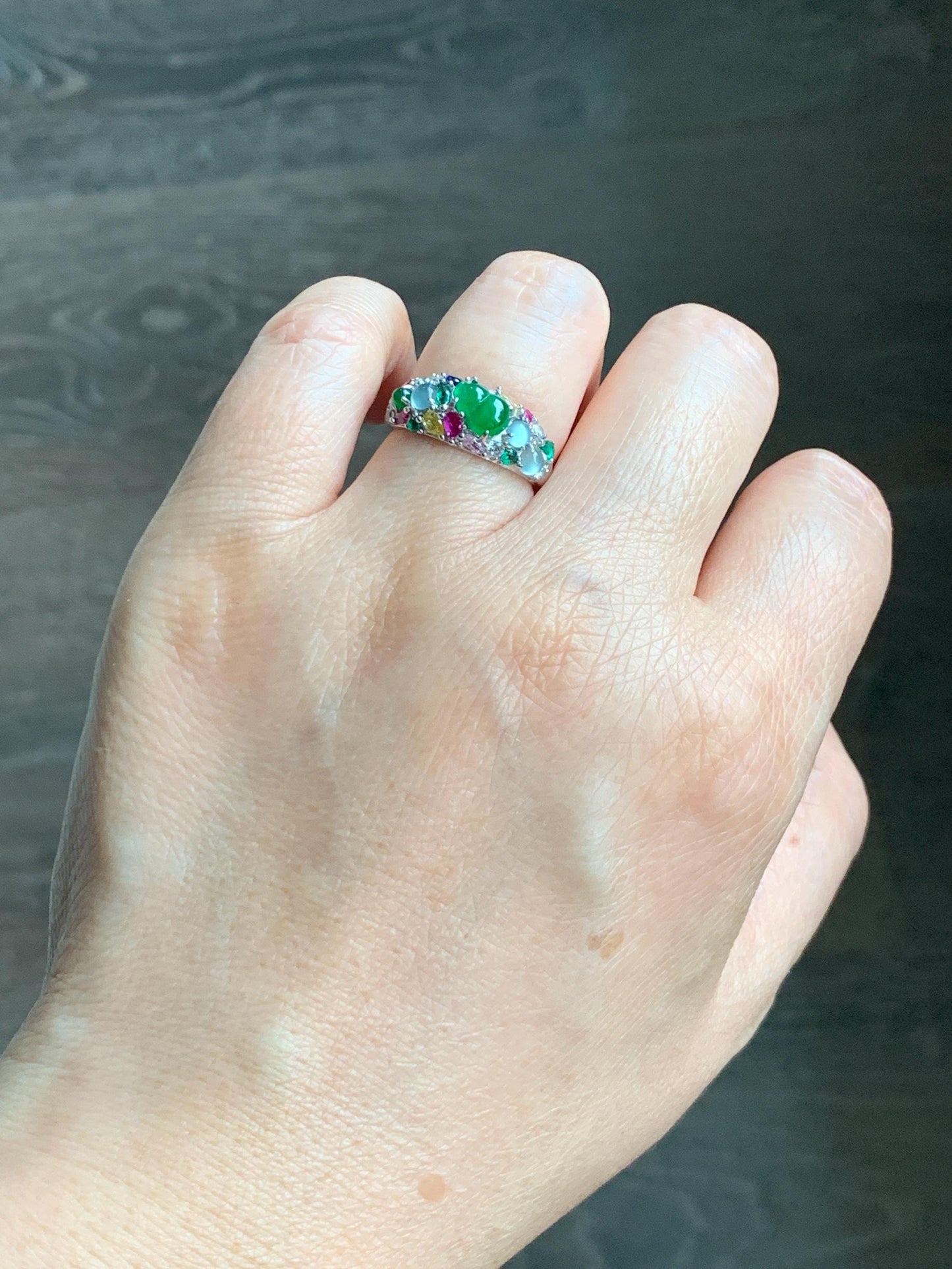 Natural Grade A Guatemalan Icy Translucent Vibrant Green Jade Jadeite Gourd Hulu Band Ring Sterling Silver Size 7 天然冰危绿翡翠花开富贵银镶戒指 HKFL98B