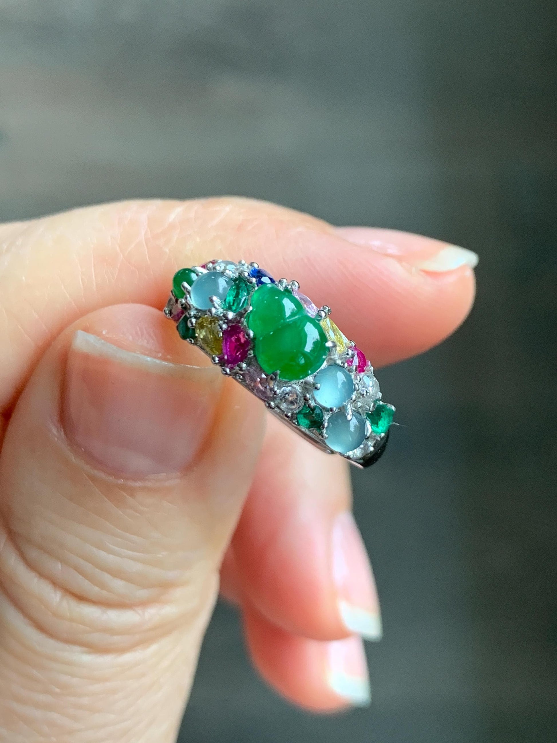 Natural Grade A Guatemalan Icy Translucent Vibrant Green Jade Jadeite Gourd Hulu Band Ring Sterling Silver Size 7 天然冰危绿翡翠花开富贵银镶戒指 HKFL98B