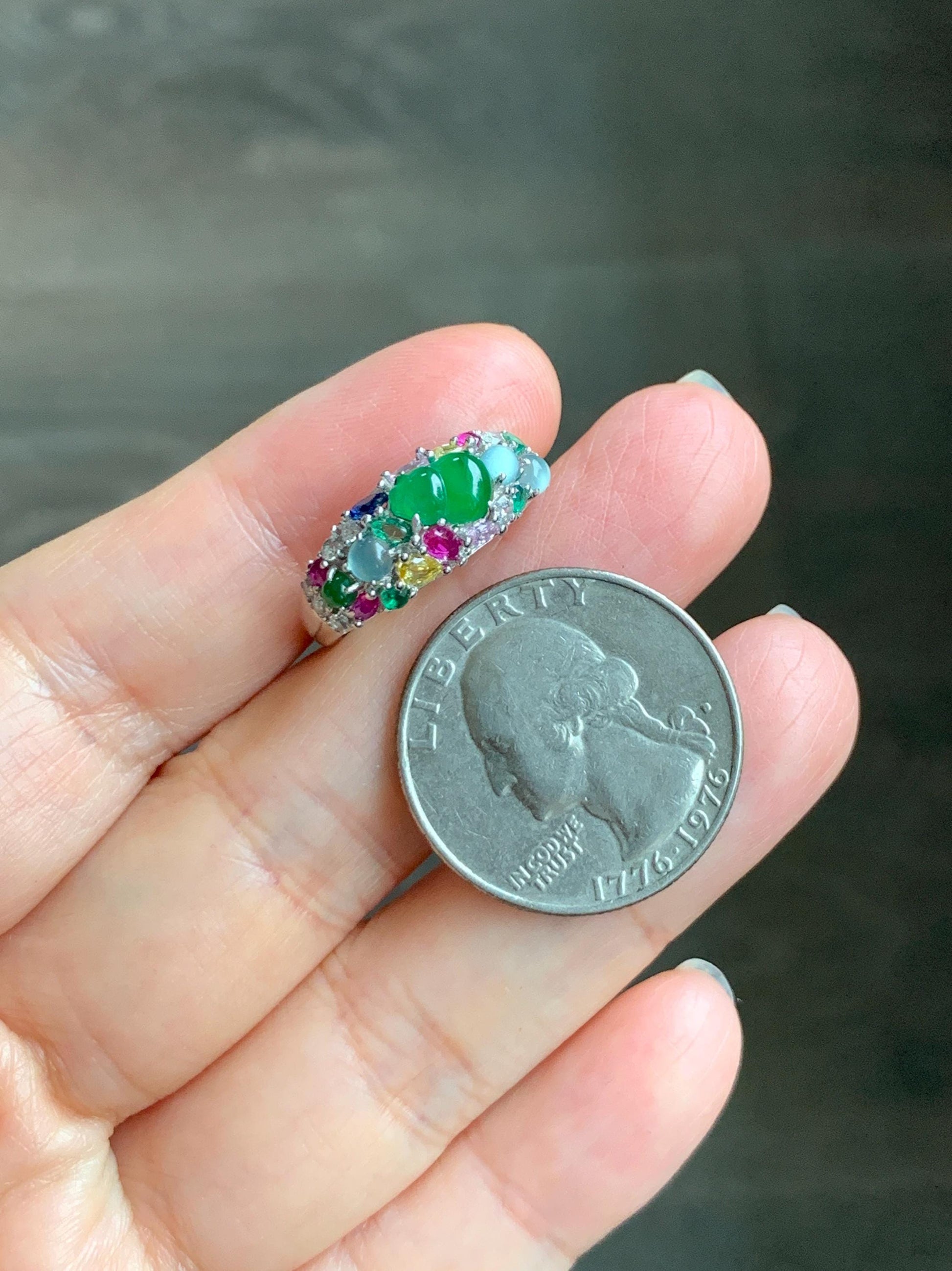 Natural Grade A Guatemalan Icy Translucent Vibrant Green Jade Jadeite Gourd Hulu Band Ring Sterling Silver Size 7 天然冰危绿翡翠花开富贵银镶戒指 HKFL98B