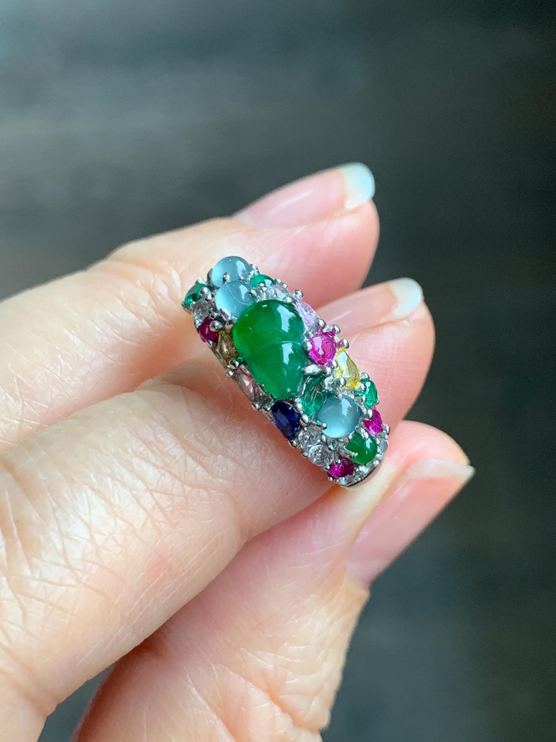 Natural Grade A Guatemalan Icy Translucent Vibrant Green Jade Jadeite Gourd Hulu Band Ring Sterling Silver Size 7 天然冰危绿翡翠花开富贵银镶戒指 HKFL98B