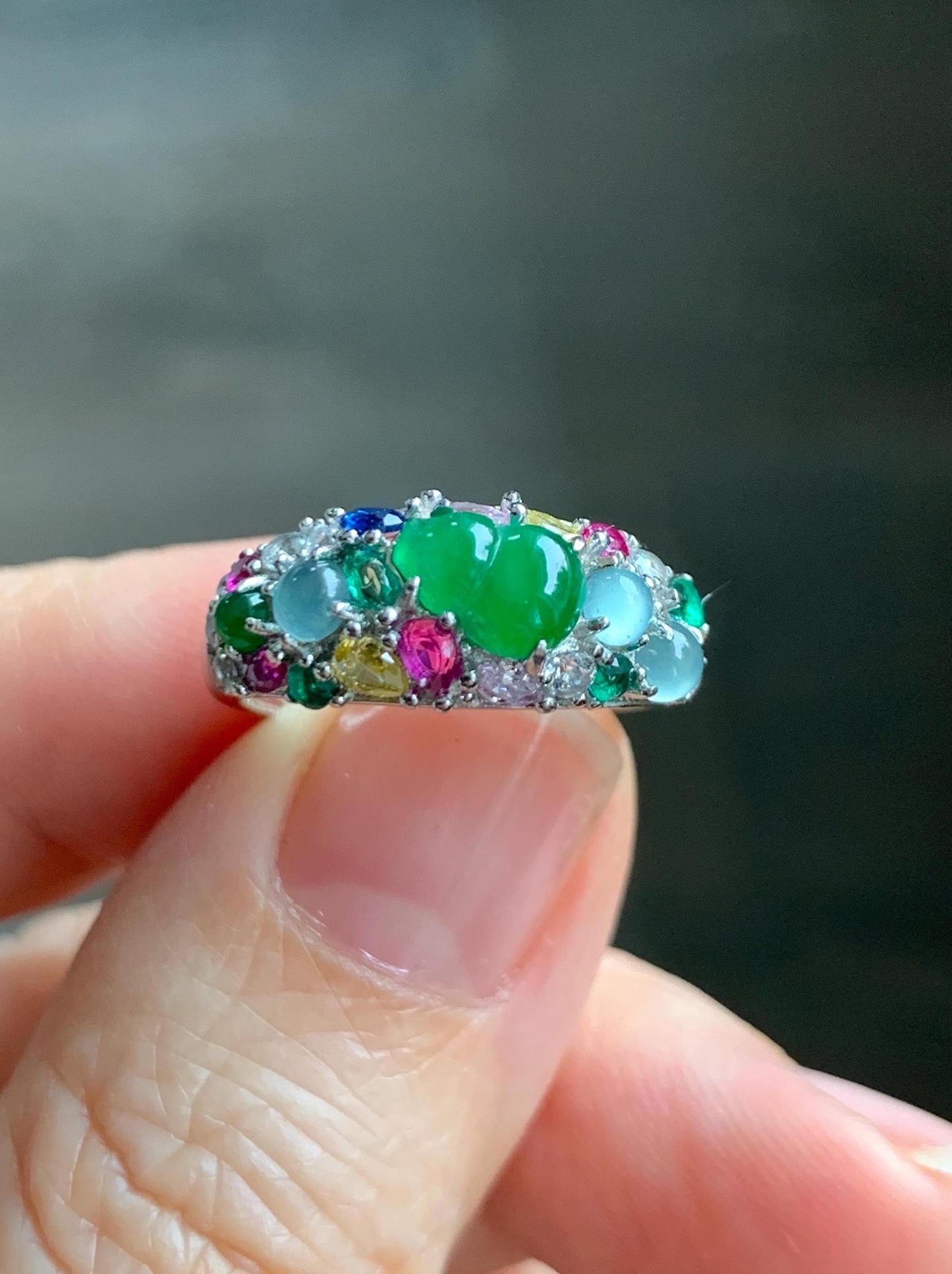 Natural Grade A Guatemalan Icy Translucent Vibrant Green Jade Jadeite Gourd Hulu Band Ring Sterling Silver Size 7 天然冰危绿翡翠花开富贵银镶戒指 HKFL98B