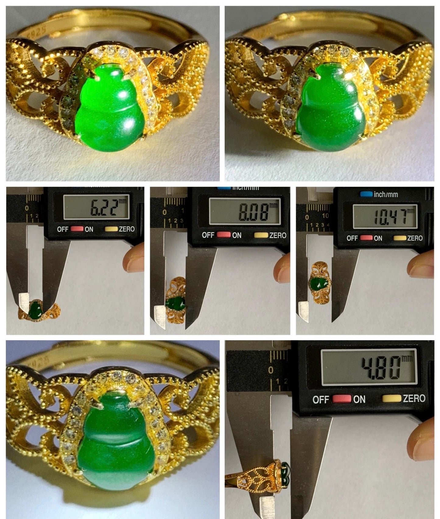 Natural Grade A Guatemalan Icy Translucent Vibrant Green Jade Jadeite Hulu Gourd Ring Sterling Silver Yellow Gold size 7 天然冰危绿翡翠葫芦银镶戒指WHL132