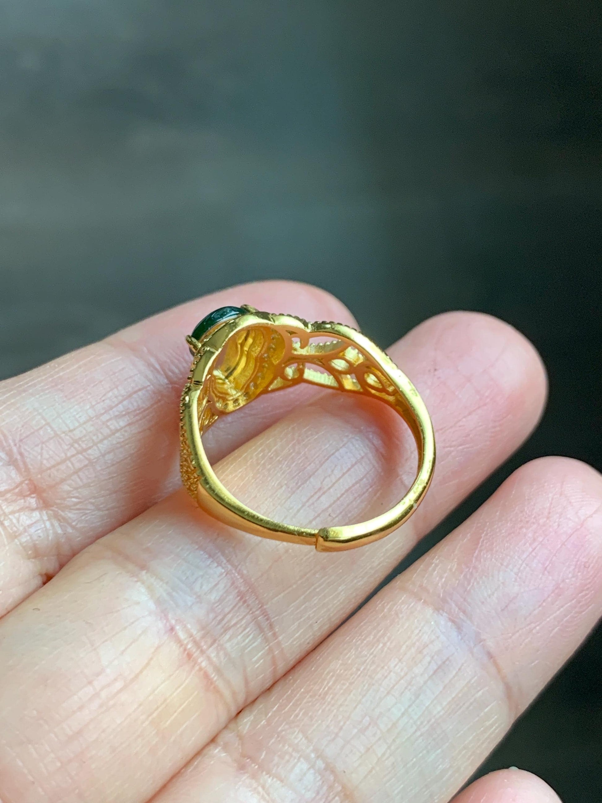Natural Grade A Guatemalan Icy Translucent Vibrant Green Jade Jadeite Hulu Gourd Ring Sterling Silver Yellow Gold size 7 天然冰危绿翡翠葫芦银镶戒指WHL132