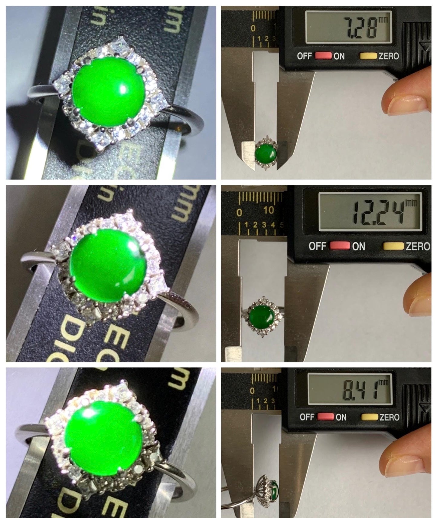 Natural Grade A Guatemalan Icy Translucent Vibrant Green Jade Jadeite Ring Sterling Silver Size Adjustable 天然冰危绿翡翠蛋面银镶戒指 WRL110