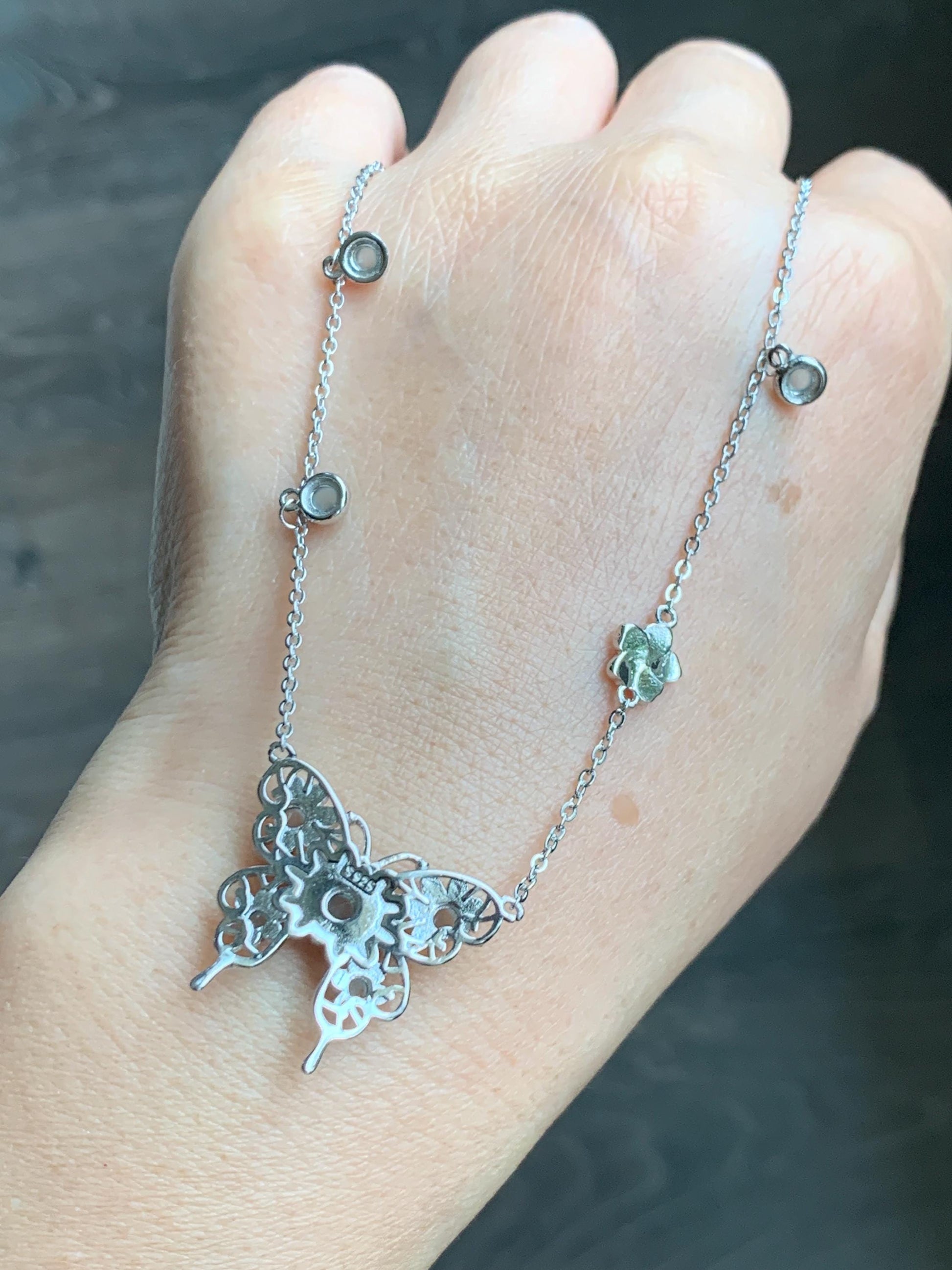 Natural Grade A Guatemalan Icy Translucent Pastel Blue Jade Jadeite Butterfly Pendant Enamel Necklace Sterling Silver 天然冰危蓝翡翠银镶蝴蝶烤漆套链 DLH168