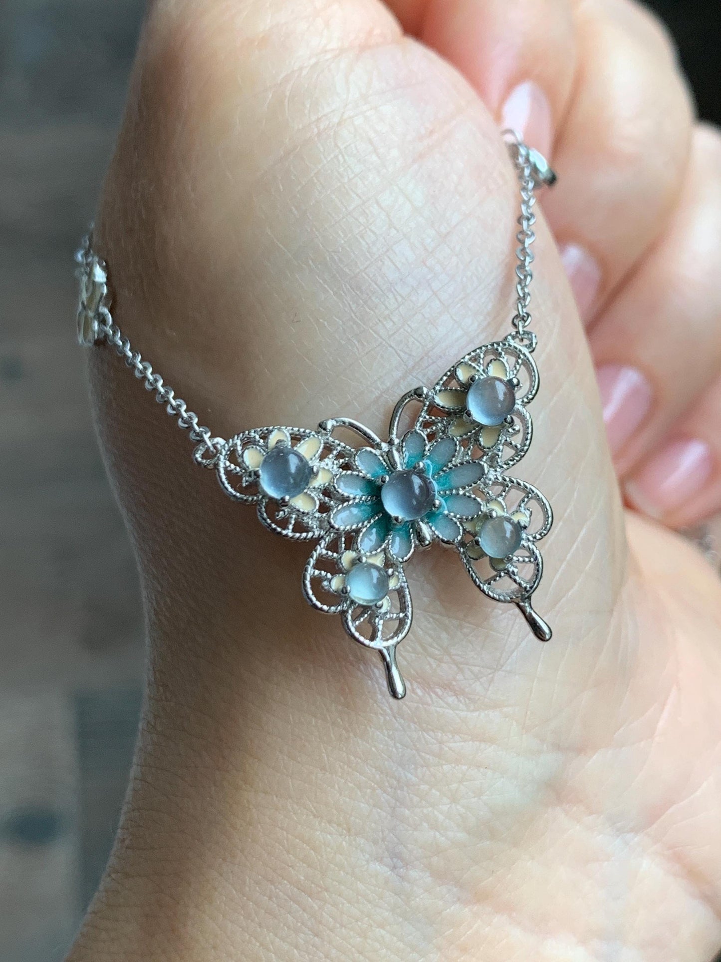 Natural Grade A Guatemalan Icy Translucent Pastel Blue Jade Jadeite Butterfly Pendant Enamel Necklace Sterling Silver 天然冰危蓝翡翠银镶蝴蝶烤漆套链 DLH168