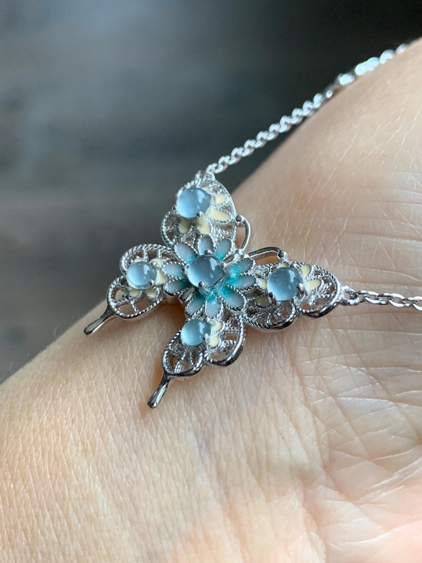 Natural Grade A Guatemalan Icy Translucent Pastel Blue Jade Jadeite Butterfly Pendant Enamel Necklace Sterling Silver 天然冰危蓝翡翠银镶蝴蝶烤漆套链 DLH168