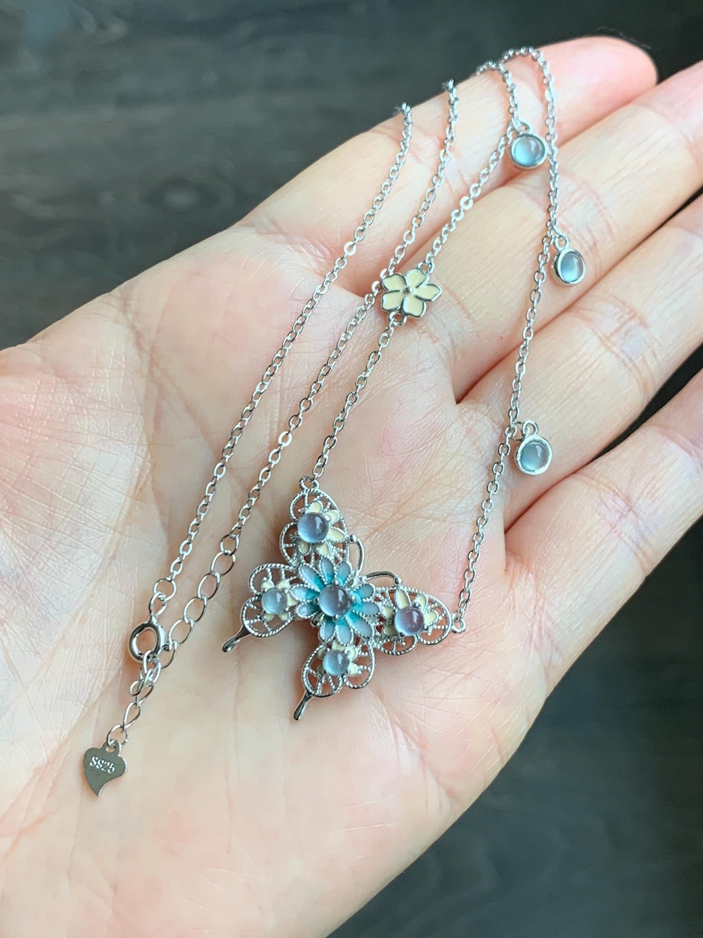 Natural Grade A Guatemalan Icy Translucent Pastel Blue Jade Jadeite Butterfly Pendant Enamel Necklace Sterling Silver 天然冰危蓝翡翠银镶蝴蝶烤漆套链 DLH168