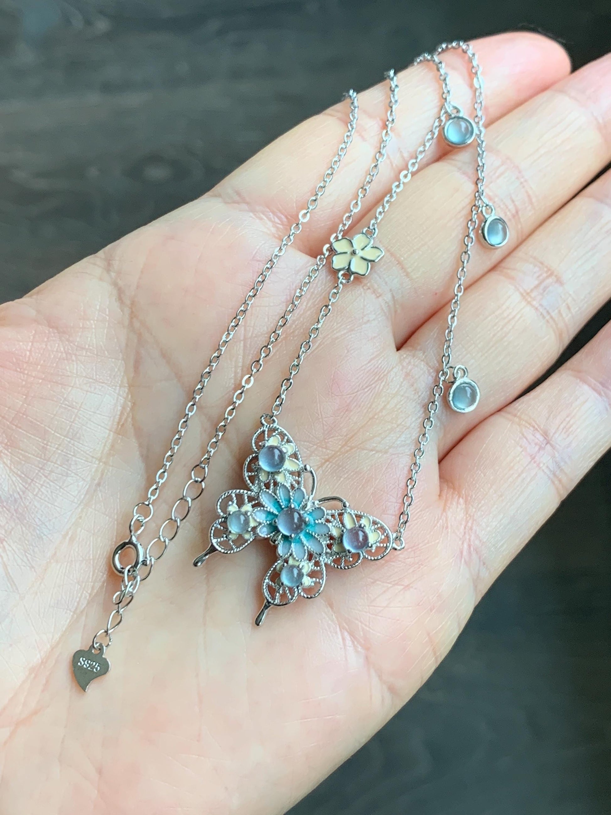 Natural Grade A Guatemalan Icy Translucent Pastel Blue Jade Jadeite Butterfly Pendant Enamel Necklace Sterling Silver 天然冰危蓝翡翠银镶蝴蝶烤漆套链 DLH168