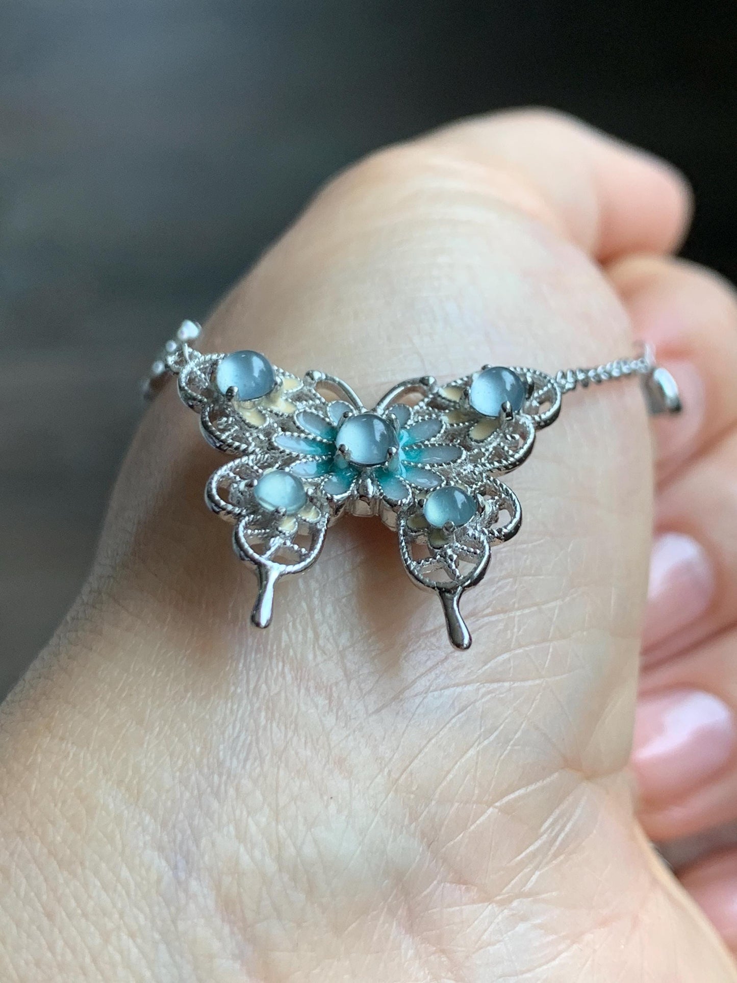 Natural Grade A Guatemalan Icy Translucent Pastel Blue Jade Jadeite Butterfly Pendant Enamel Necklace Sterling Silver 天然冰危蓝翡翠银镶蝴蝶烤漆套链 DLH168