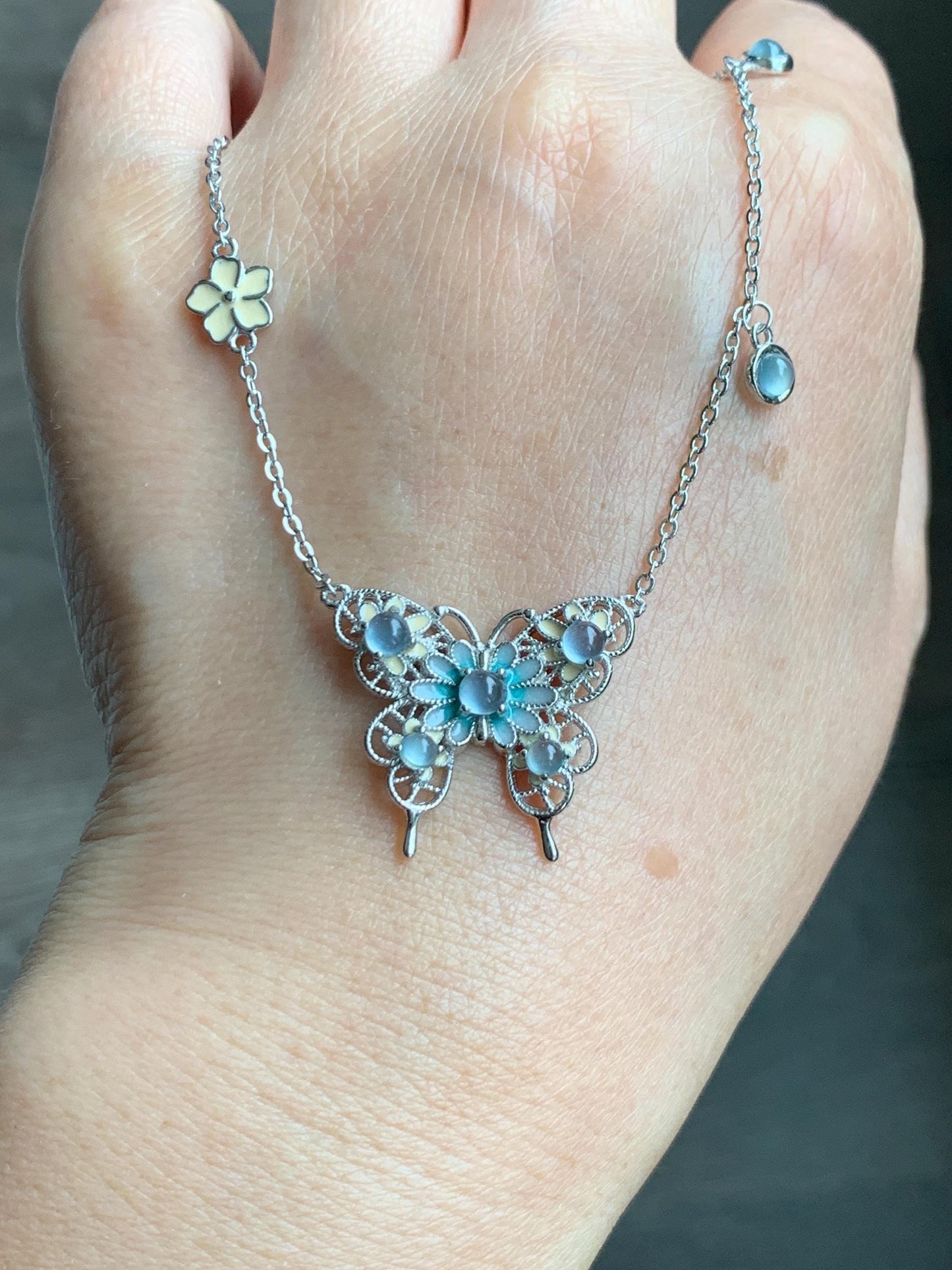 Natural Grade A Guatemalan Icy Translucent Pastel Blue Jade Jadeite Butterfly Pendant Enamel Necklace Sterling Silver 天然冰危蓝翡翠银镶蝴蝶烤漆套链 DLH168