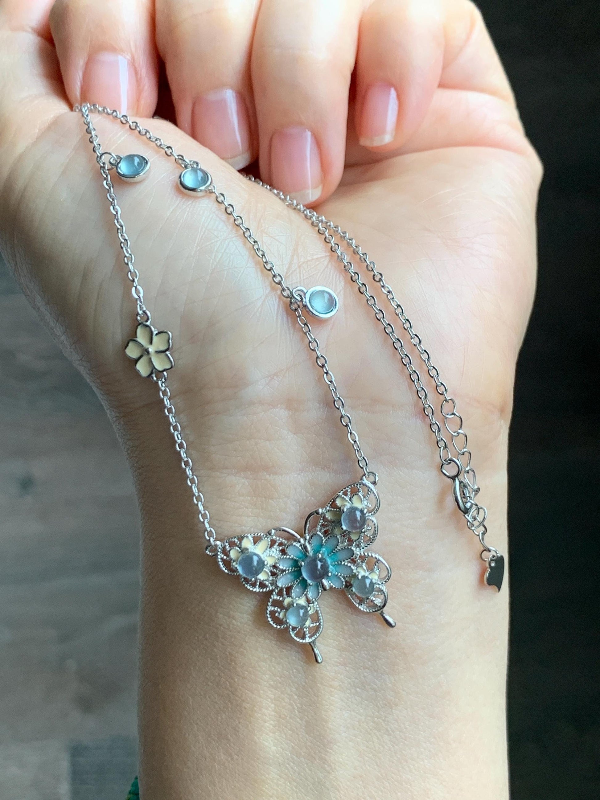Natural Grade A Guatemalan Icy Translucent Pastel Blue Jade Jadeite Butterfly Pendant Enamel Necklace Sterling Silver 天然冰危蓝翡翠银镶蝴蝶烤漆套链 DLH168