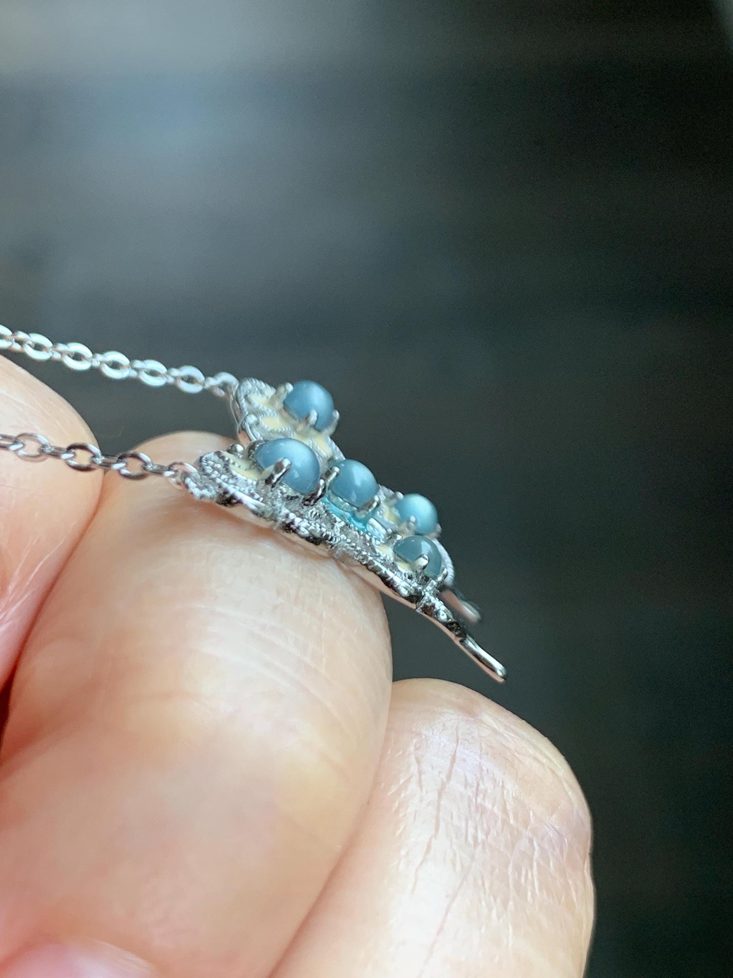 Natural Grade A Guatemalan Icy Translucent Pastel Blue Jade Jadeite Butterfly Pendant Enamel Necklace Sterling Silver 天然冰危蓝翡翠银镶蝴蝶烤漆套链 DLH168