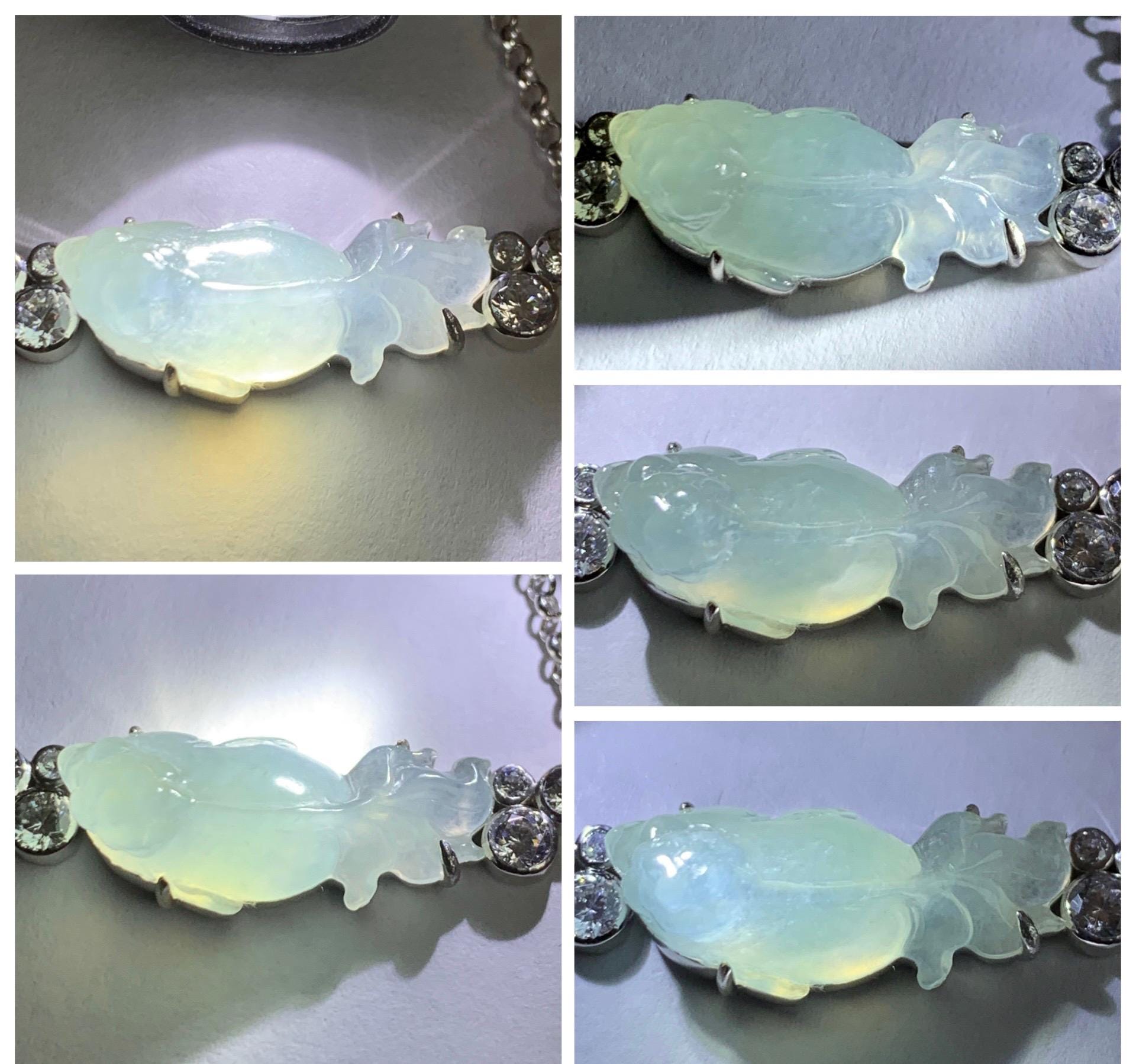 Certified Natural Grade A Icy Translucent Pastel Green Jade Jadeite Goldfish Pendant Necklace Sterling Silver 16"-18” 8g 天然冰胶晴底翡翠金鱼锁骨链 174
