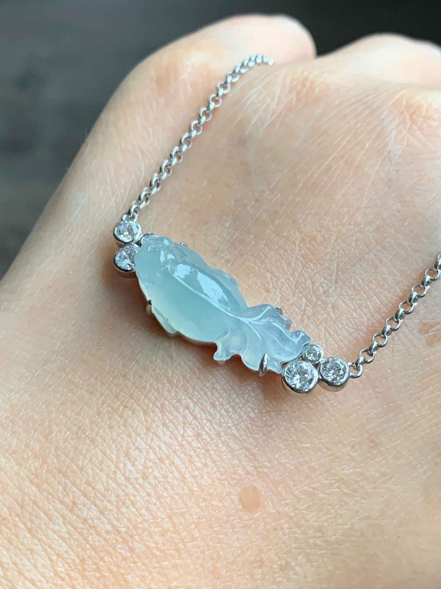 Certified Natural Grade A Icy Translucent Pastel Green Jade Jadeite Goldfish Pendant Necklace Sterling Silver 16"-18” 8g 天然冰胶晴底翡翠金鱼锁骨链 174