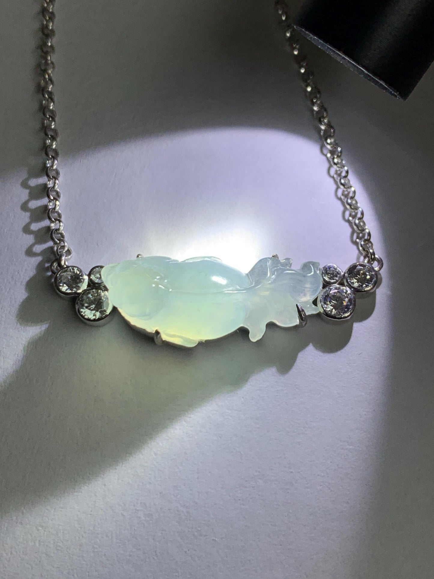 Certified Natural Grade A Icy Translucent Pastel Green Jade Jadeite Goldfish Pendant Necklace Sterling Silver 16"-18” 8g 天然冰胶晴底翡翠金鱼锁骨链 174