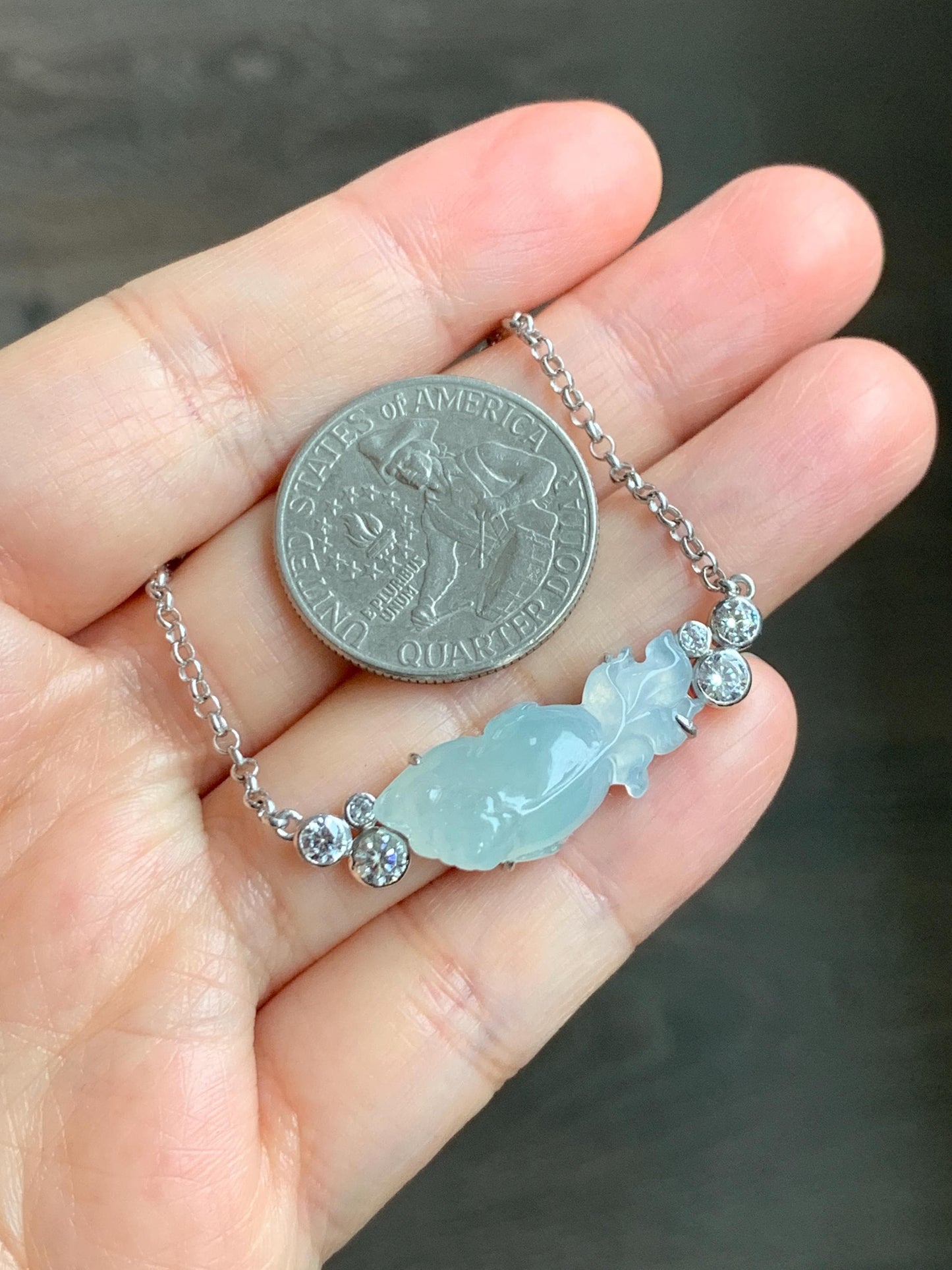 Certified Natural Grade A Icy Translucent Pastel Green Jade Jadeite Goldfish Pendant Necklace Sterling Silver 16"-18” 8g 天然冰胶晴底翡翠金鱼锁骨链 174