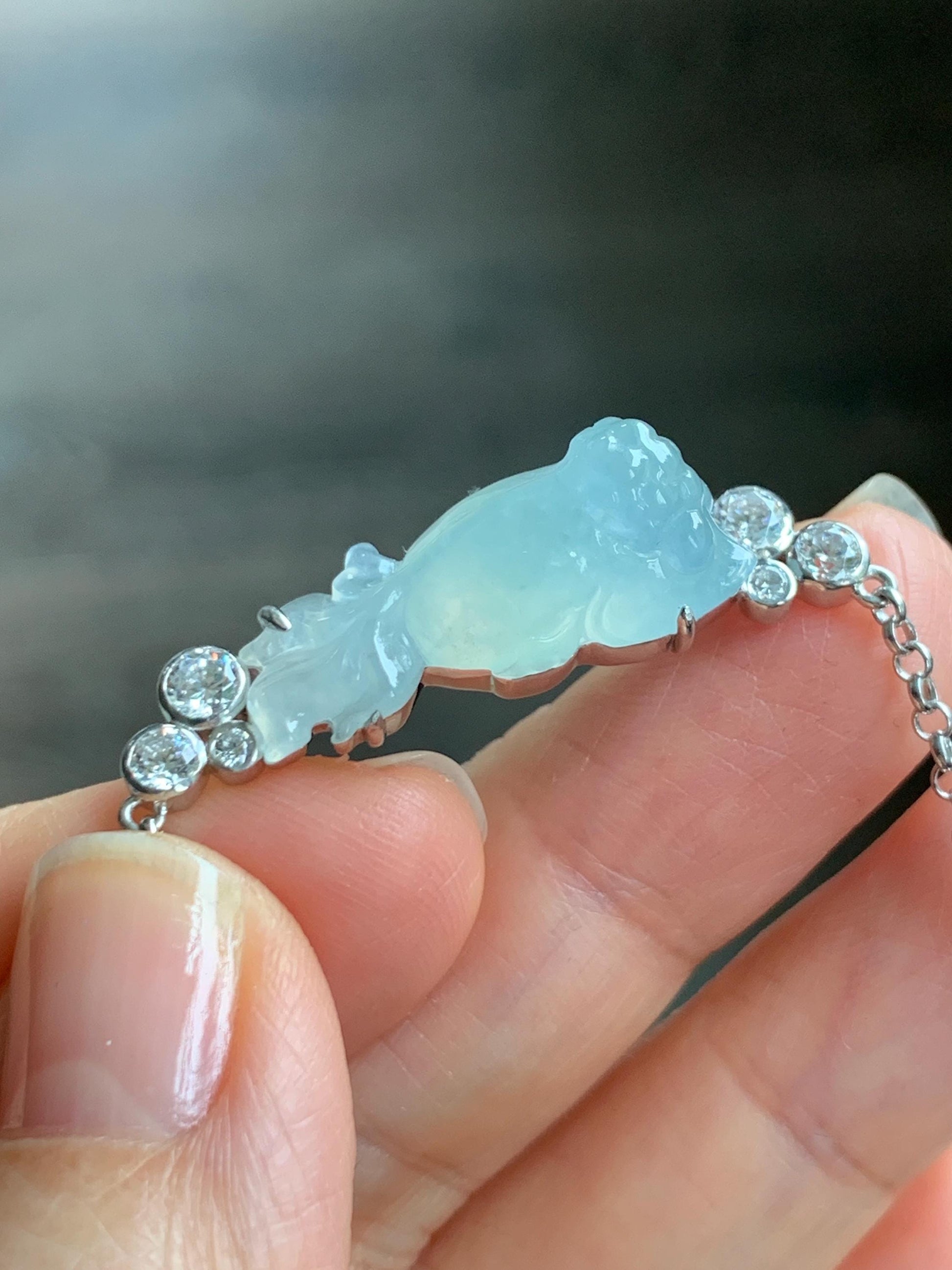 Certified Natural Grade A Icy Translucent Pastel Green Jade Jadeite Goldfish Pendant Necklace Sterling Silver 16"-18” 8g 天然冰胶晴底翡翠金鱼锁骨链 174