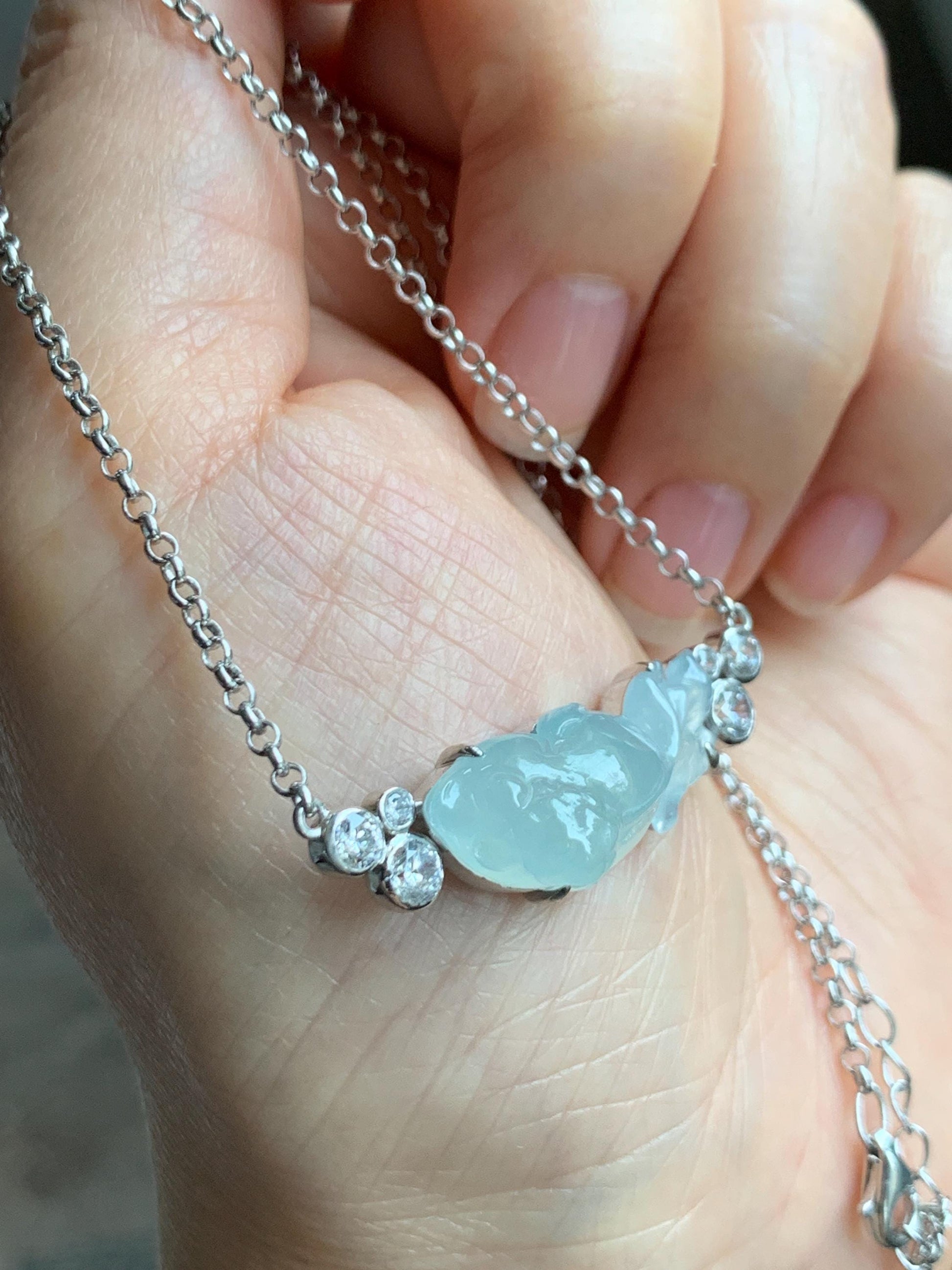 Certified Natural Grade A Icy Translucent Pastel Green Jade Jadeite Goldfish Pendant Necklace Sterling Silver 16"-18” 8g 天然冰胶晴底翡翠金鱼锁骨链 174