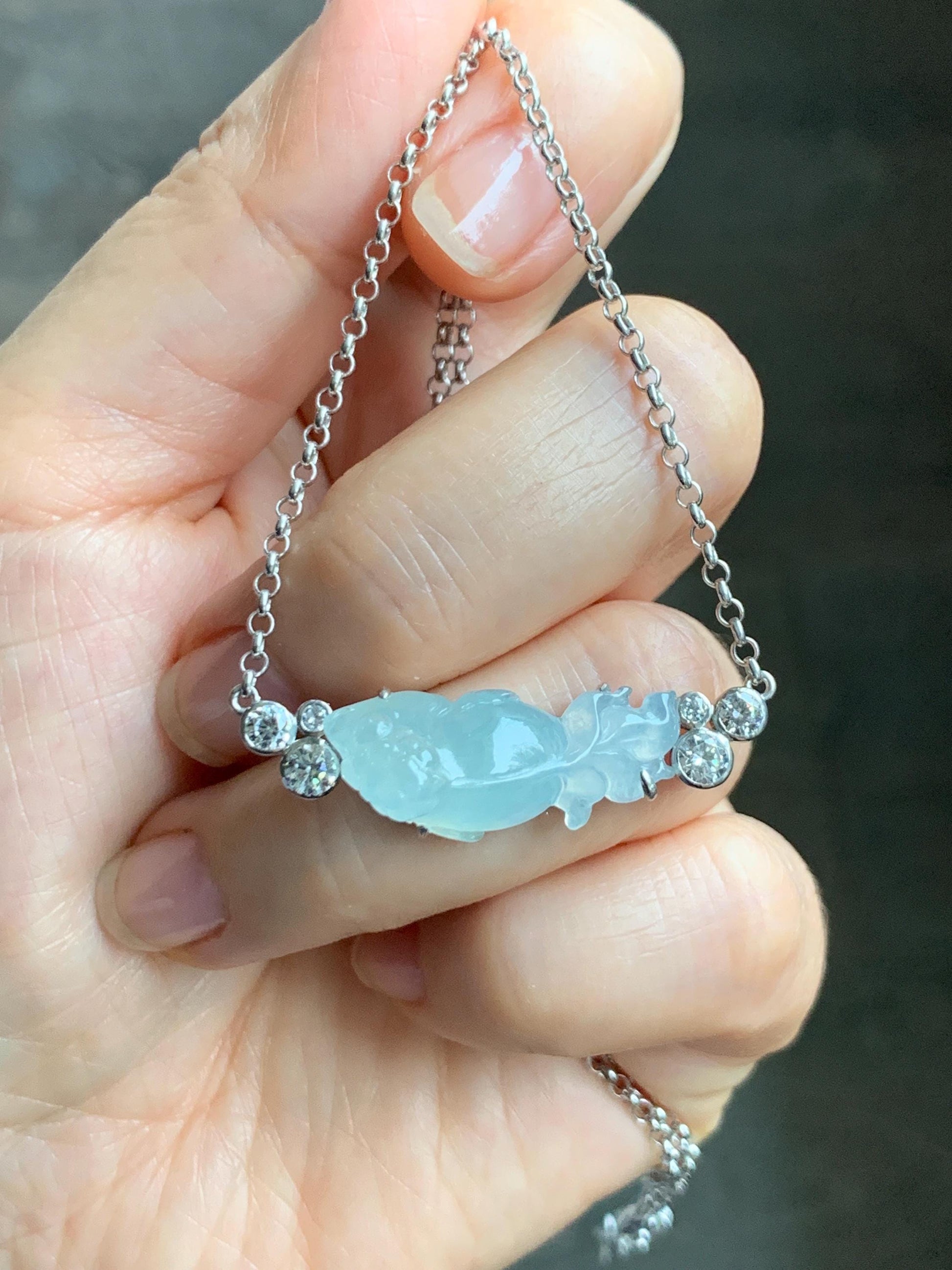 Certified Natural Grade A Icy Translucent Pastel Green Jade Jadeite Goldfish Pendant Necklace Sterling Silver 16"-18” 8g 天然冰胶晴底翡翠金鱼锁骨链 174