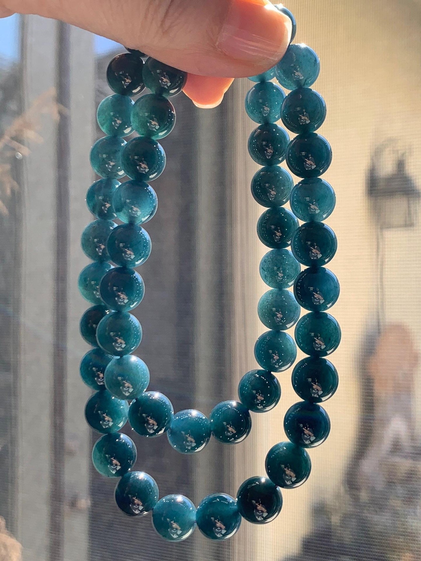 Natural Grade A Guatemalan Icy Translucent Dark Aegean Blue Jade Jadeite Beaded Necklace 19” 79g Sterling Silver 天然冰危深牛仔蓝翡翠大卡圆珠项链 NZL563