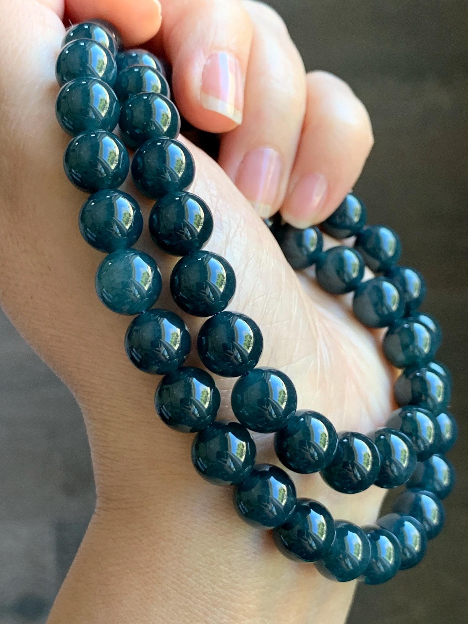 Natural Grade A Guatemalan Icy Translucent Dark Aegean Blue Jade Jadeite Beaded Necklace 19” 79g Sterling Silver 天然冰危深牛仔蓝翡翠大卡圆珠项链 NZL563