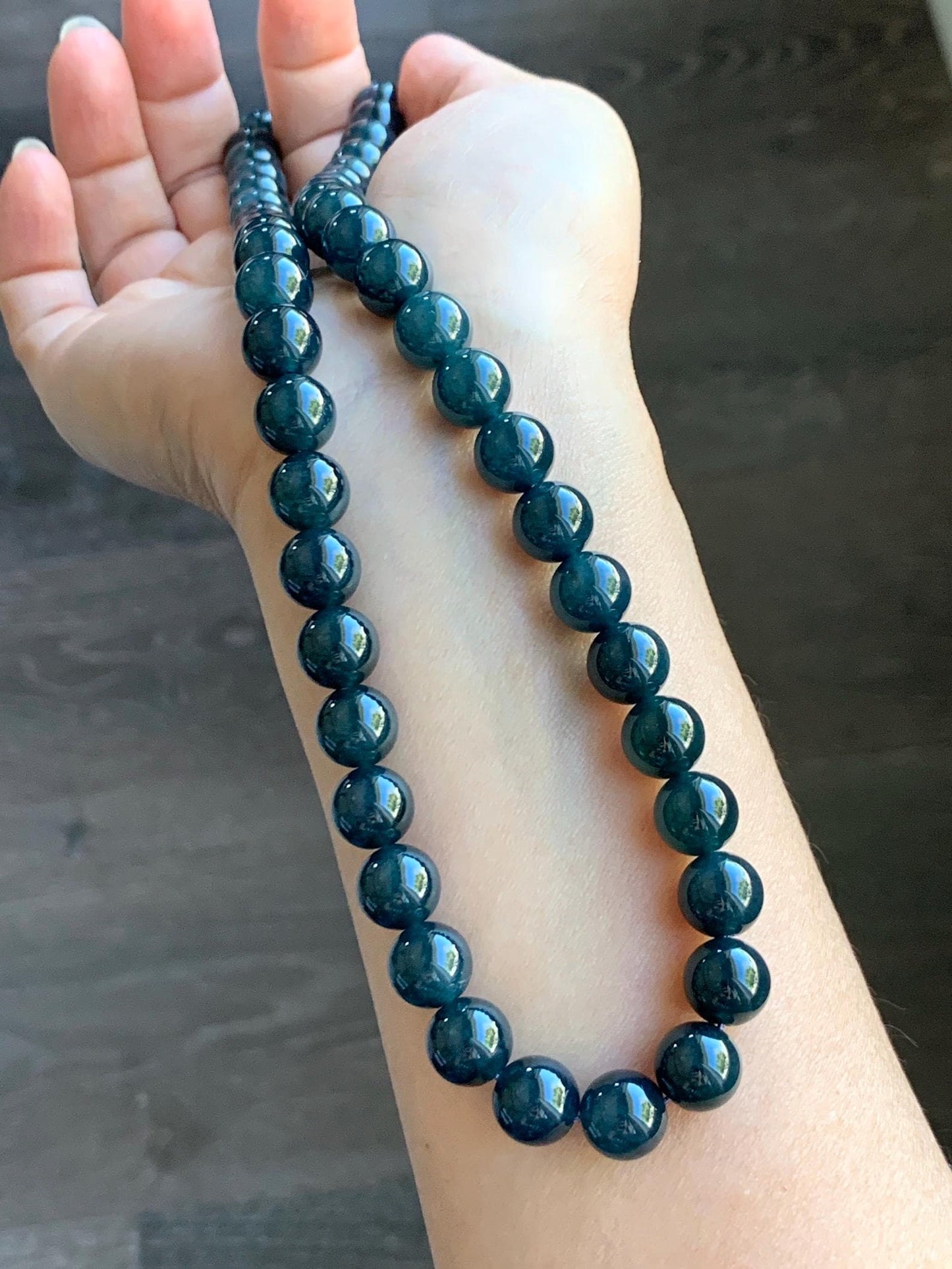 Natural Grade A Guatemalan Icy Translucent Dark Aegean Blue Jade Jadeite Beaded Necklace 19” 79g Sterling Silver 天然冰危深牛仔蓝翡翠大卡圆珠项链 NZL563