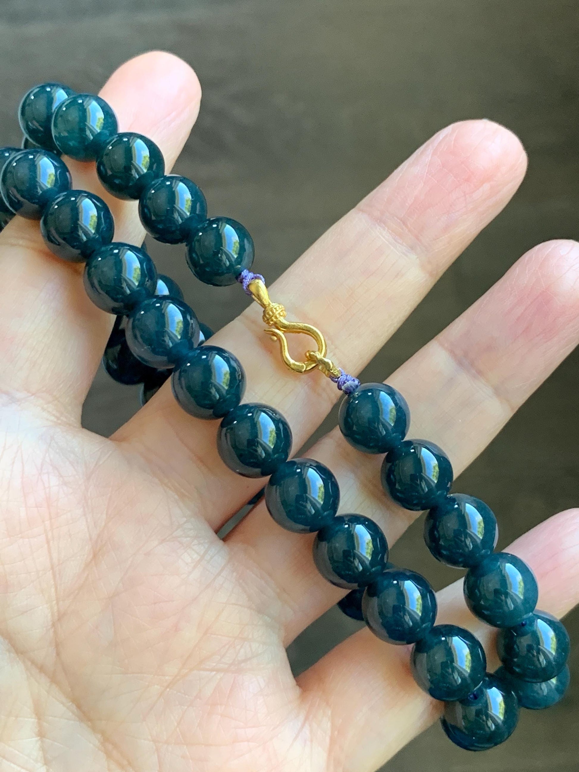 Natural Grade A Guatemalan Icy Translucent Dark Aegean Blue Jade Jadeite Beaded Necklace 19” 79g Sterling Silver 天然冰危深牛仔蓝翡翠大卡圆珠项链 NZL563