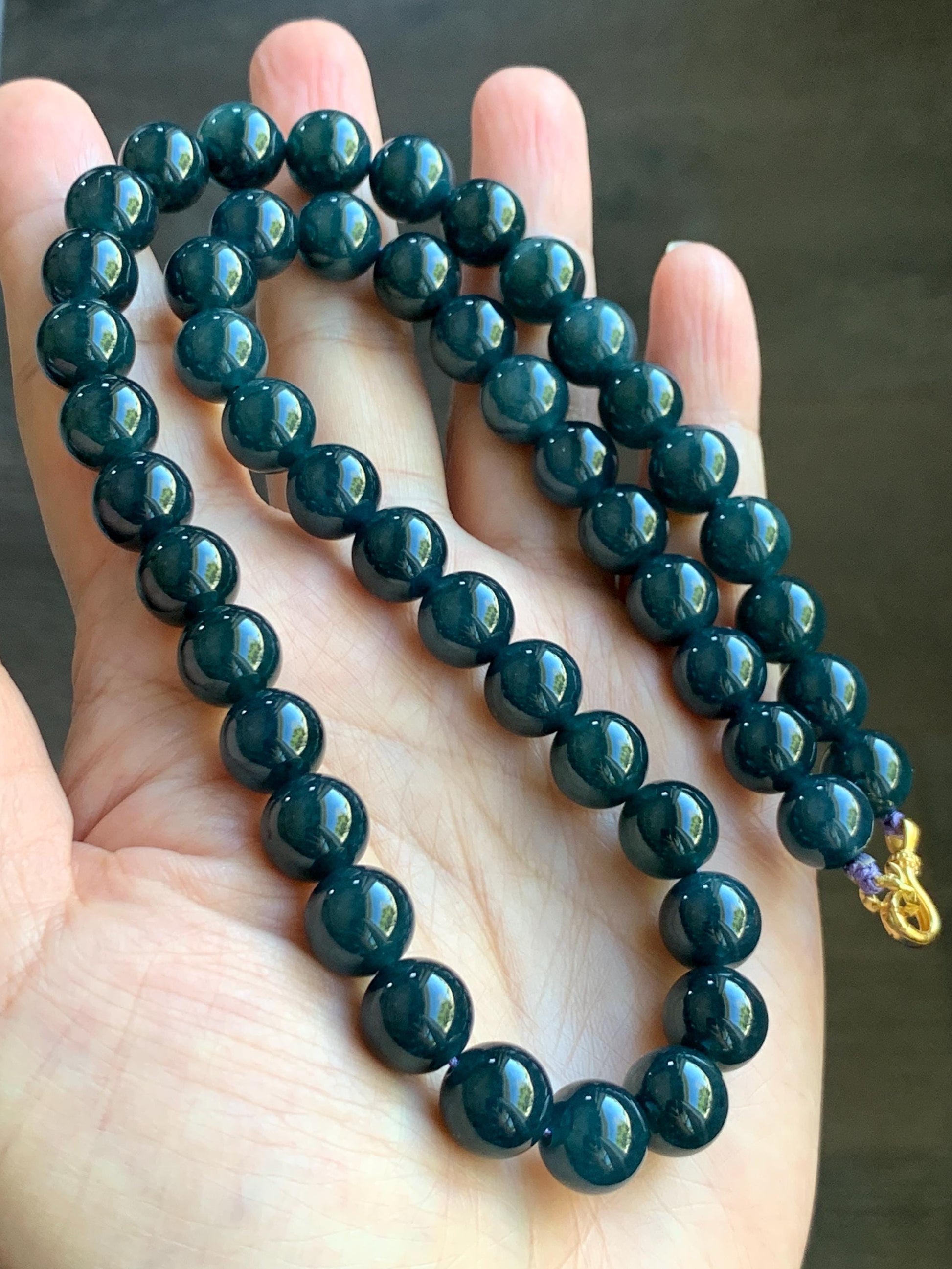Natural Grade A Guatemalan Icy Translucent Dark Aegean Blue Jade Jadeite Beaded Necklace 19” 79g Sterling Silver 天然冰危深牛仔蓝翡翠大卡圆珠项链 NZL563