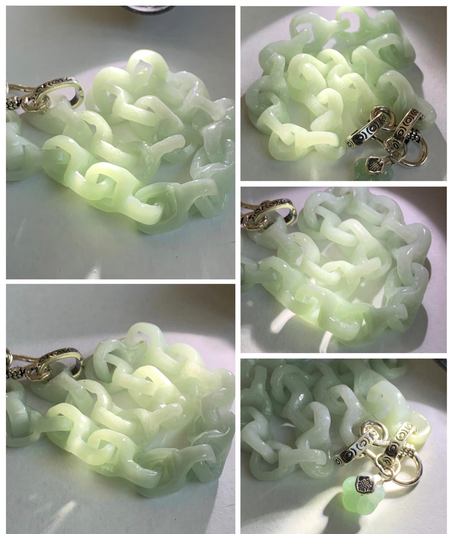 Certified Natural Grade A Icy Pastel Green Jade Jadeite Carved Interlocking Dragon Bone Chain Bracelet Sterling Silver 7.25” 天然细糯晴底翡翠龙骨手链573
