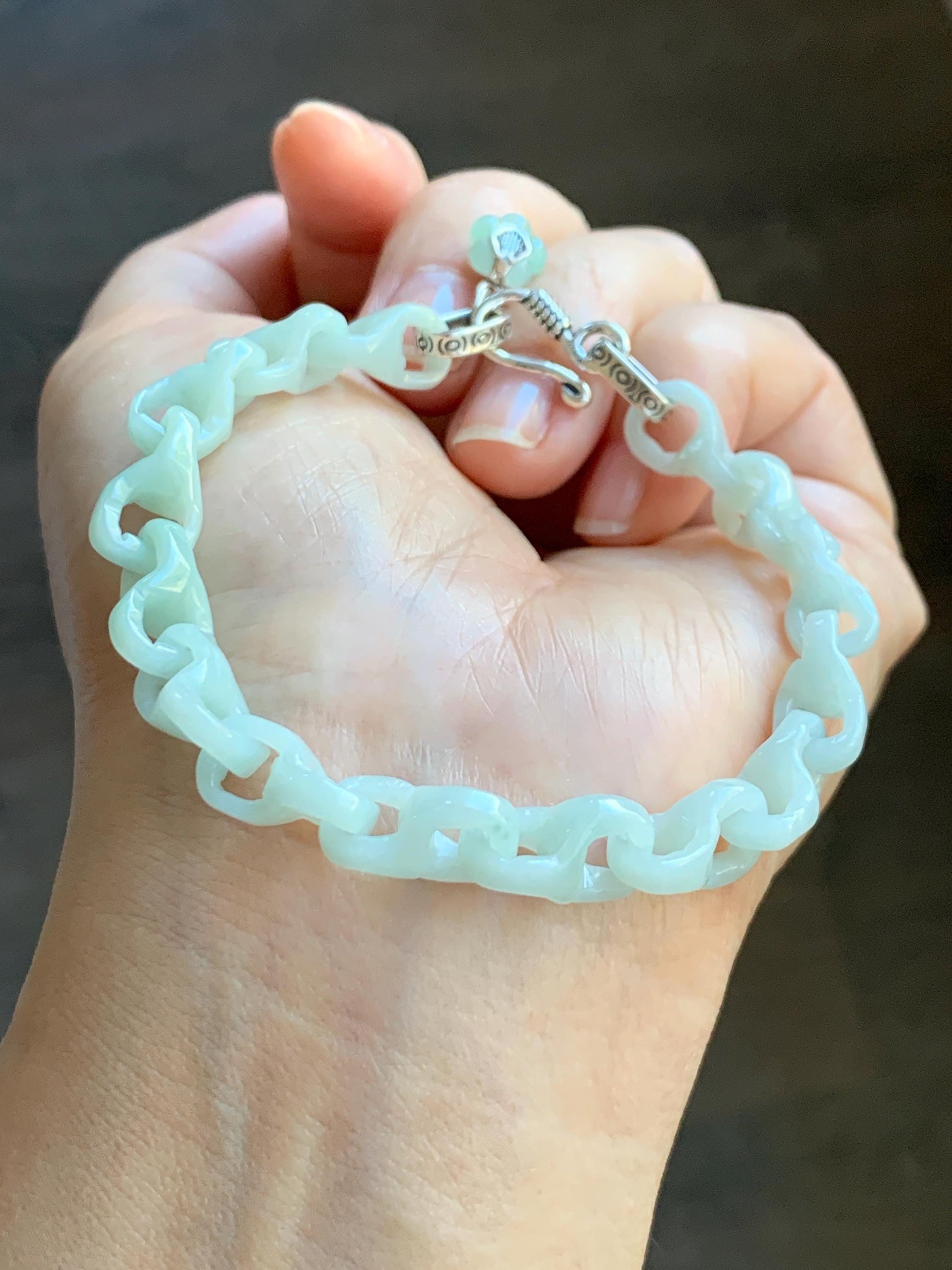 Certified Natural Grade A Icy Pastel Green Jade Jadeite Carved Interlocking Dragon Bone Chain Bracelet Sterling Silver 7.25” 天然细糯晴底翡翠龙骨手链573