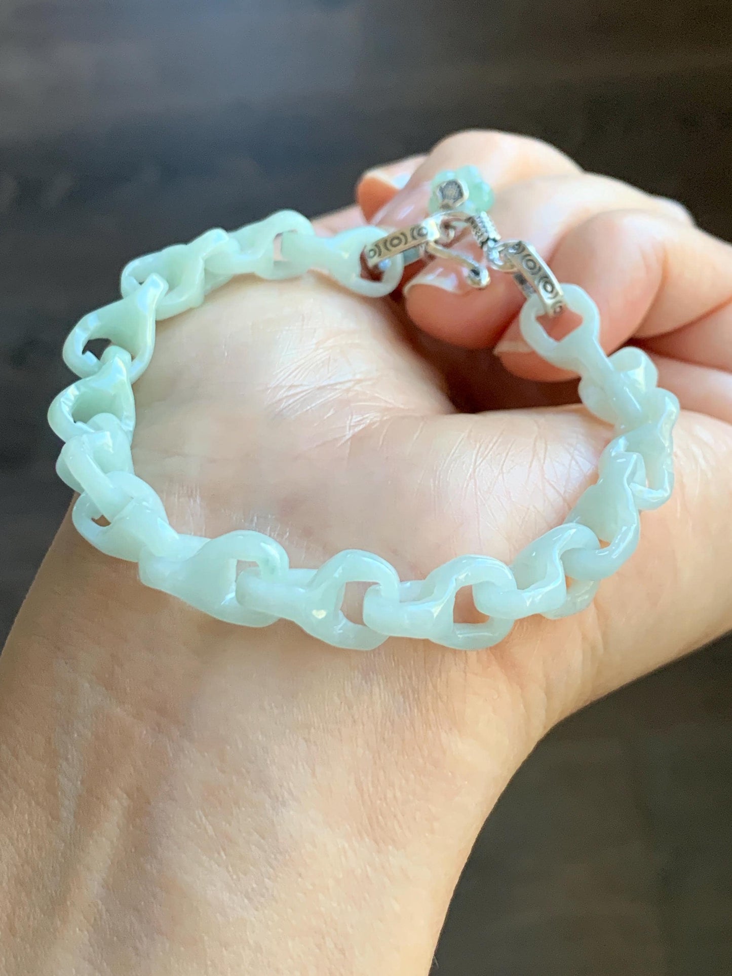 Certified Natural Grade A Icy Pastel Green Jade Jadeite Carved Interlocking Dragon Bone Chain Bracelet Sterling Silver 7.25” 天然细糯晴底翡翠龙骨手链573