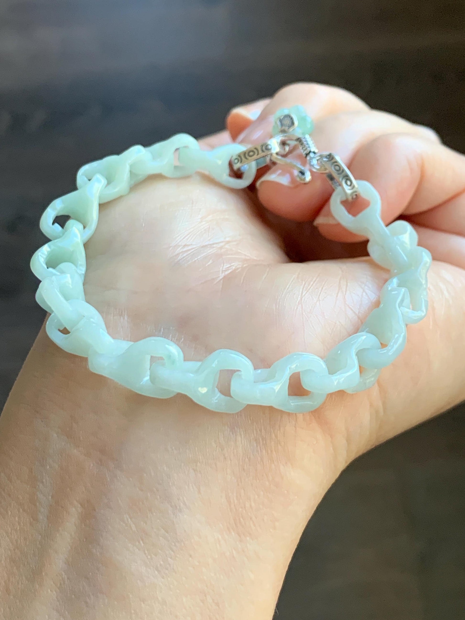 Certified Natural Grade A Icy Pastel Green Jade Jadeite Carved Interlocking Dragon Bone Chain Bracelet Sterling Silver 7.25” 天然细糯晴底翡翠龙骨手链573