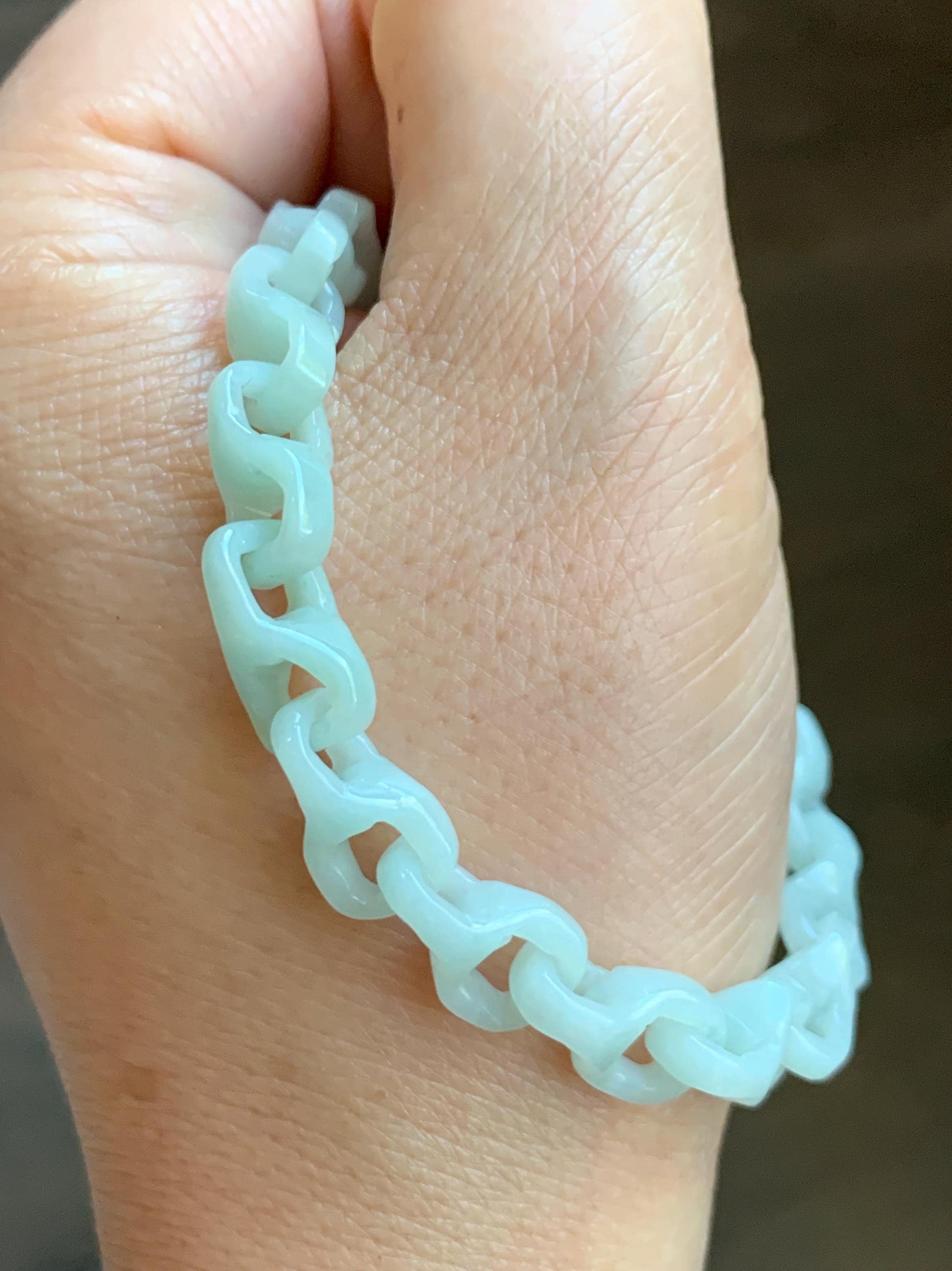 Certified Natural Grade A Icy Pastel Green Jade Jadeite Carved Interlocking Dragon Bone Chain Bracelet Sterling Silver 7.25” 天然细糯晴底翡翠龙骨手链573