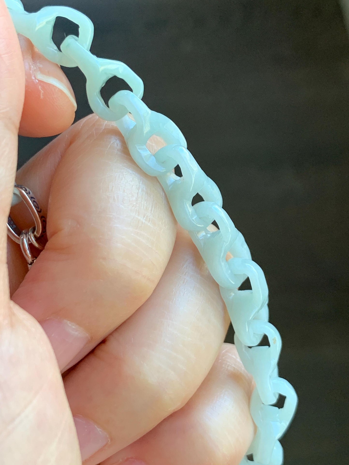 Certified Natural Grade A Icy Pastel Green Jade Jadeite Carved Interlocking Dragon Bone Chain Bracelet Sterling Silver 7.25” 天然细糯晴底翡翠龙骨手链573