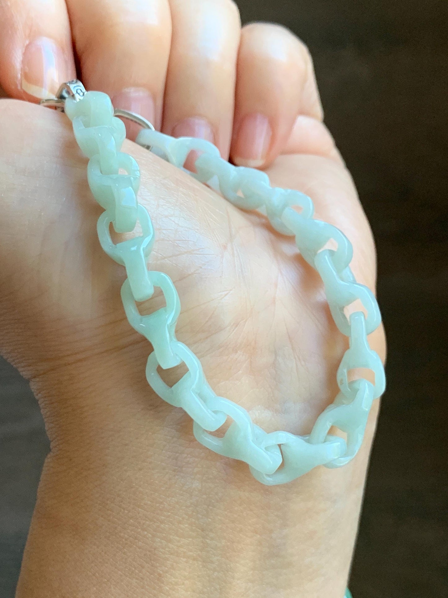 Certified Natural Grade A Icy Pastel Green Jade Jadeite Carved Interlocking Dragon Bone Chain Bracelet Sterling Silver 7.25” 天然细糯晴底翡翠龙骨手链573