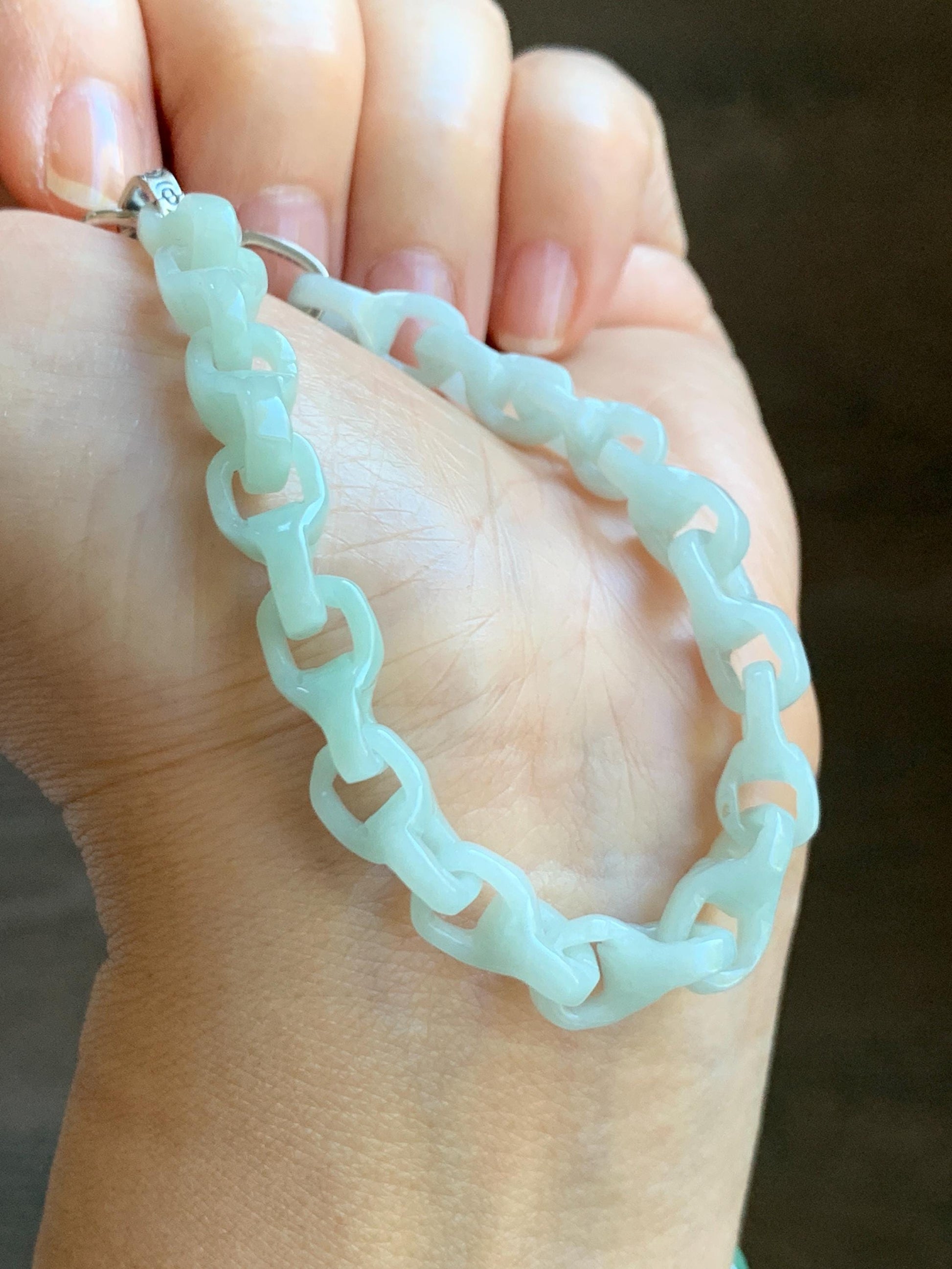 Certified Natural Grade A Icy Pastel Green Jade Jadeite Carved Interlocking Dragon Bone Chain Bracelet Sterling Silver 7.25” 天然细糯晴底翡翠龙骨手链573