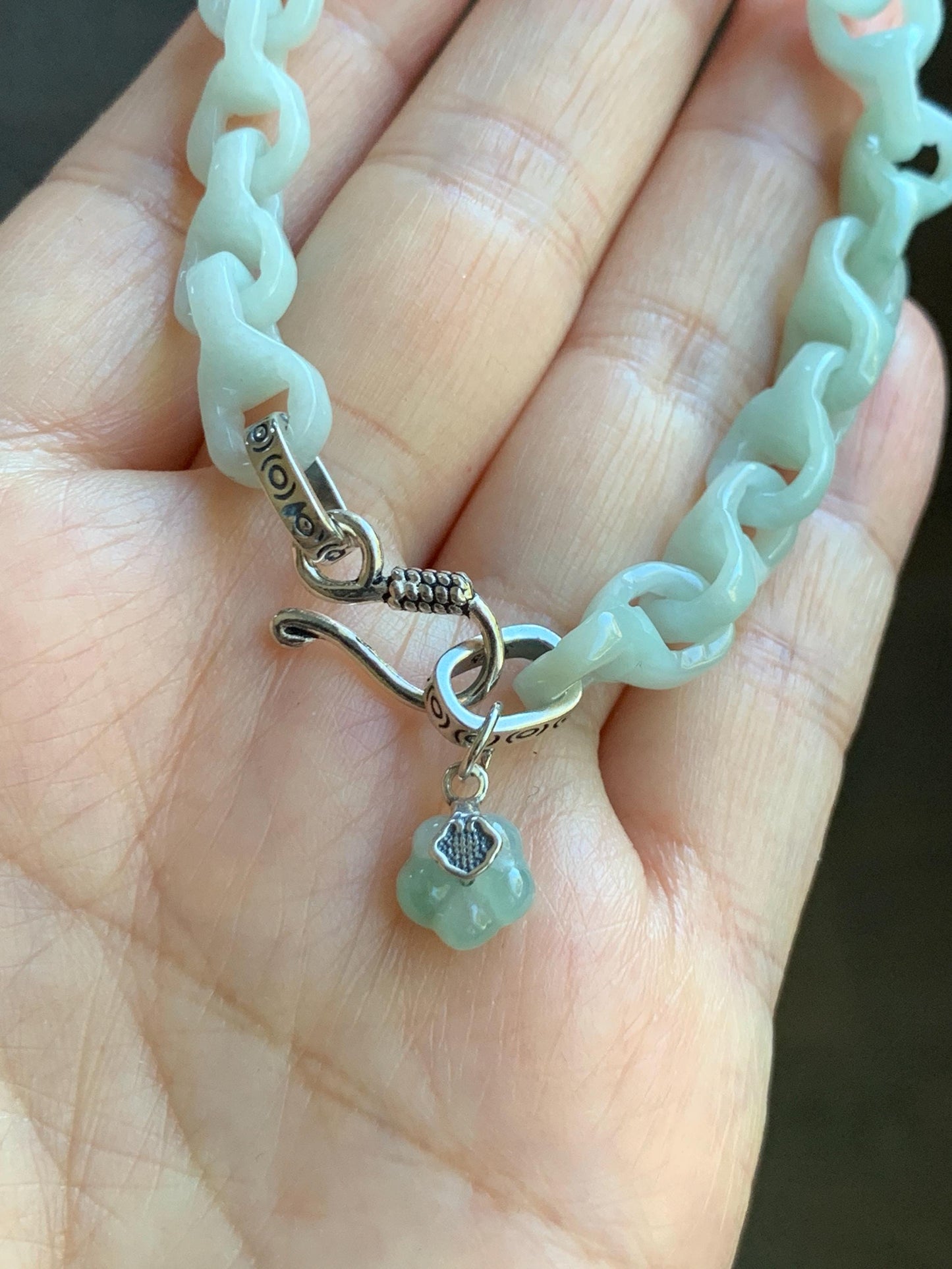 Certified Natural Grade A Icy Pastel Green Jade Jadeite Carved Interlocking Dragon Bone Chain Bracelet Sterling Silver 7.25” 天然细糯晴底翡翠龙骨手链573