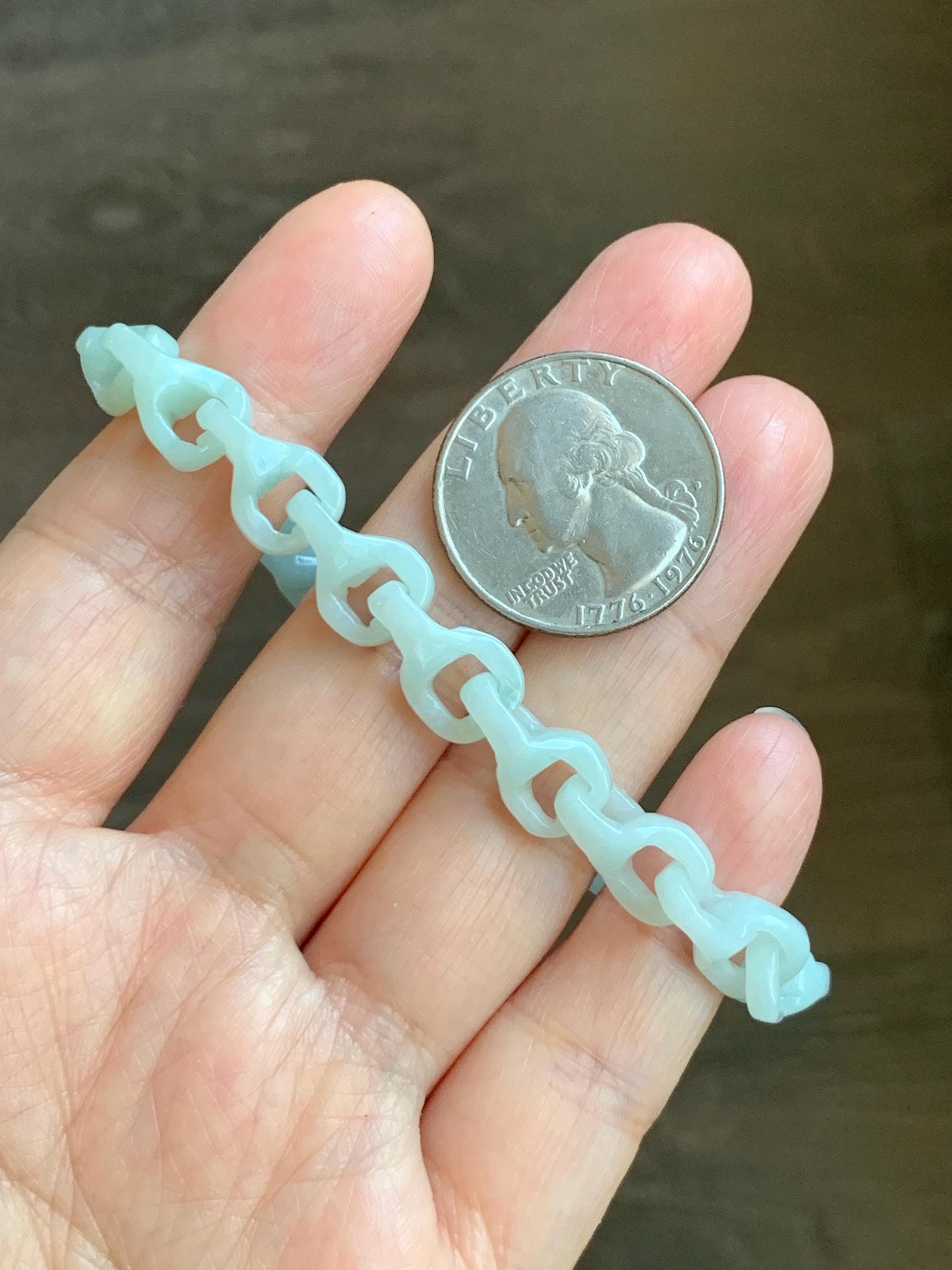 Certified Natural Grade A Icy Pastel Green Jade Jadeite Carved Interlocking Dragon Bone Chain Bracelet Sterling Silver 7.25” 天然细糯晴底翡翠龙骨手链573