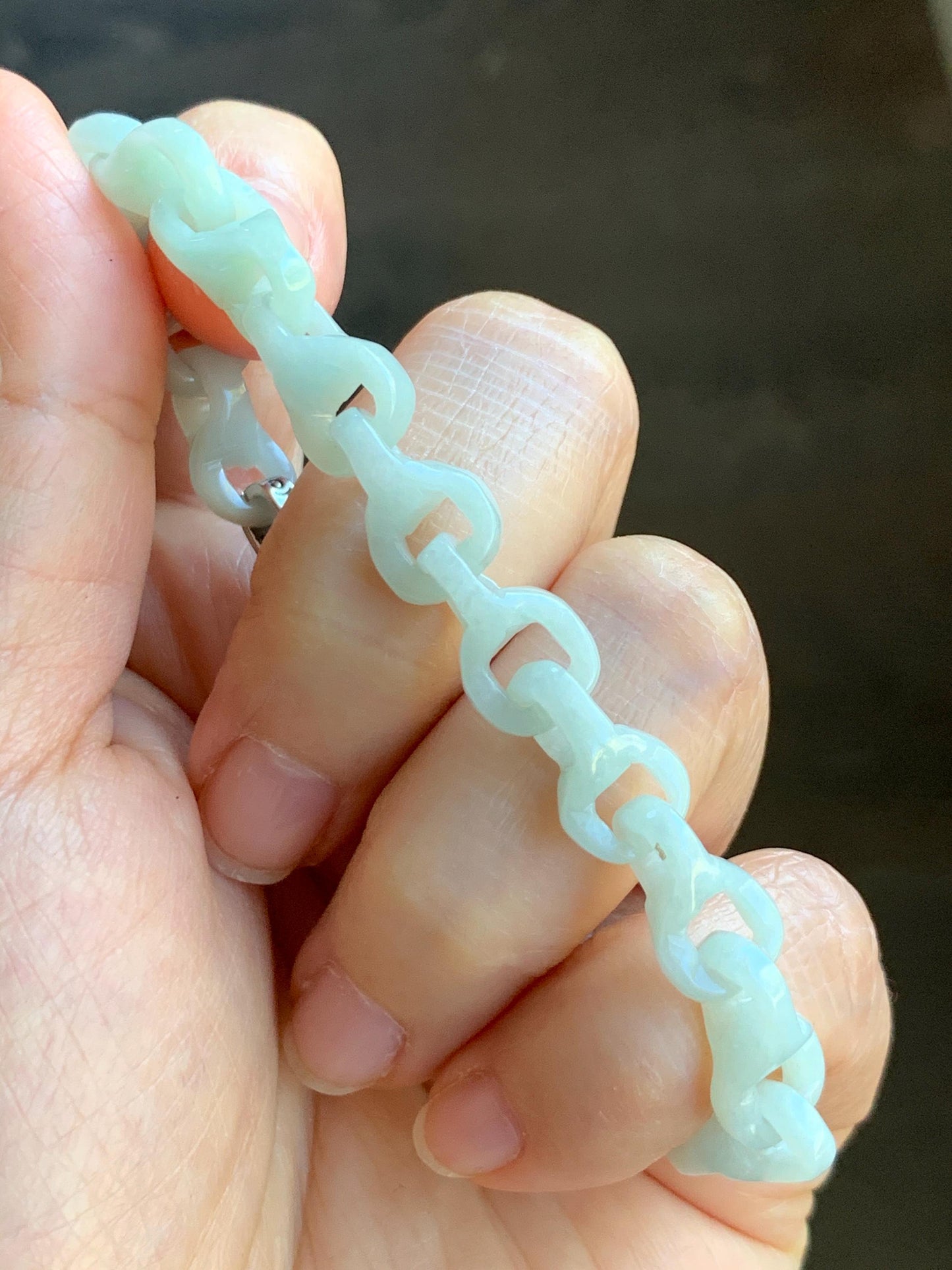Certified Natural Grade A Icy Pastel Green Jade Jadeite Carved Interlocking Dragon Bone Chain Bracelet Sterling Silver 7.25” 天然细糯晴底翡翠龙骨手链573