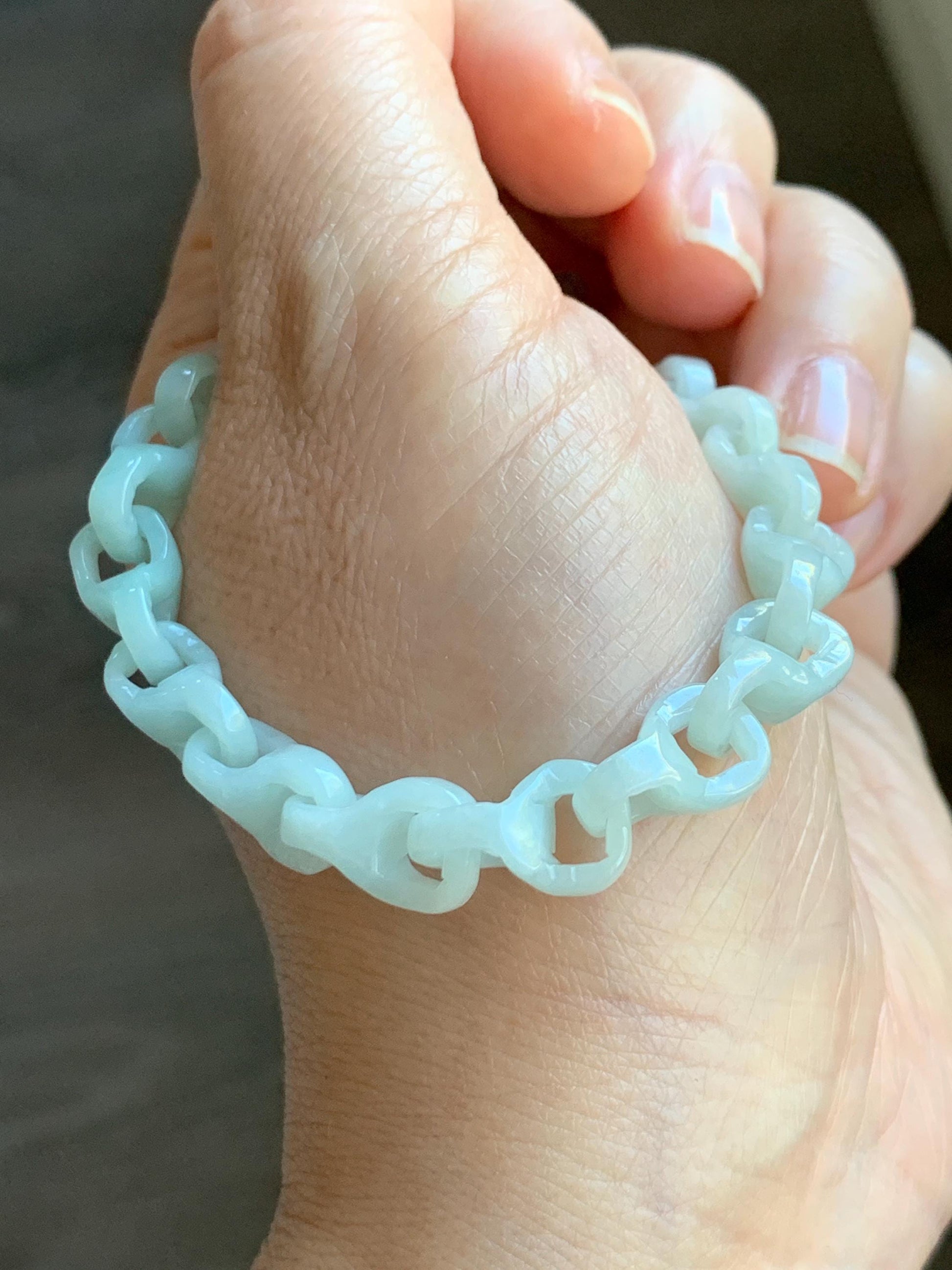 Certified Natural Grade A Icy Pastel Green Jade Jadeite Carved Interlocking Dragon Bone Chain Bracelet Sterling Silver 7.25” 天然细糯晴底翡翠龙骨手链573