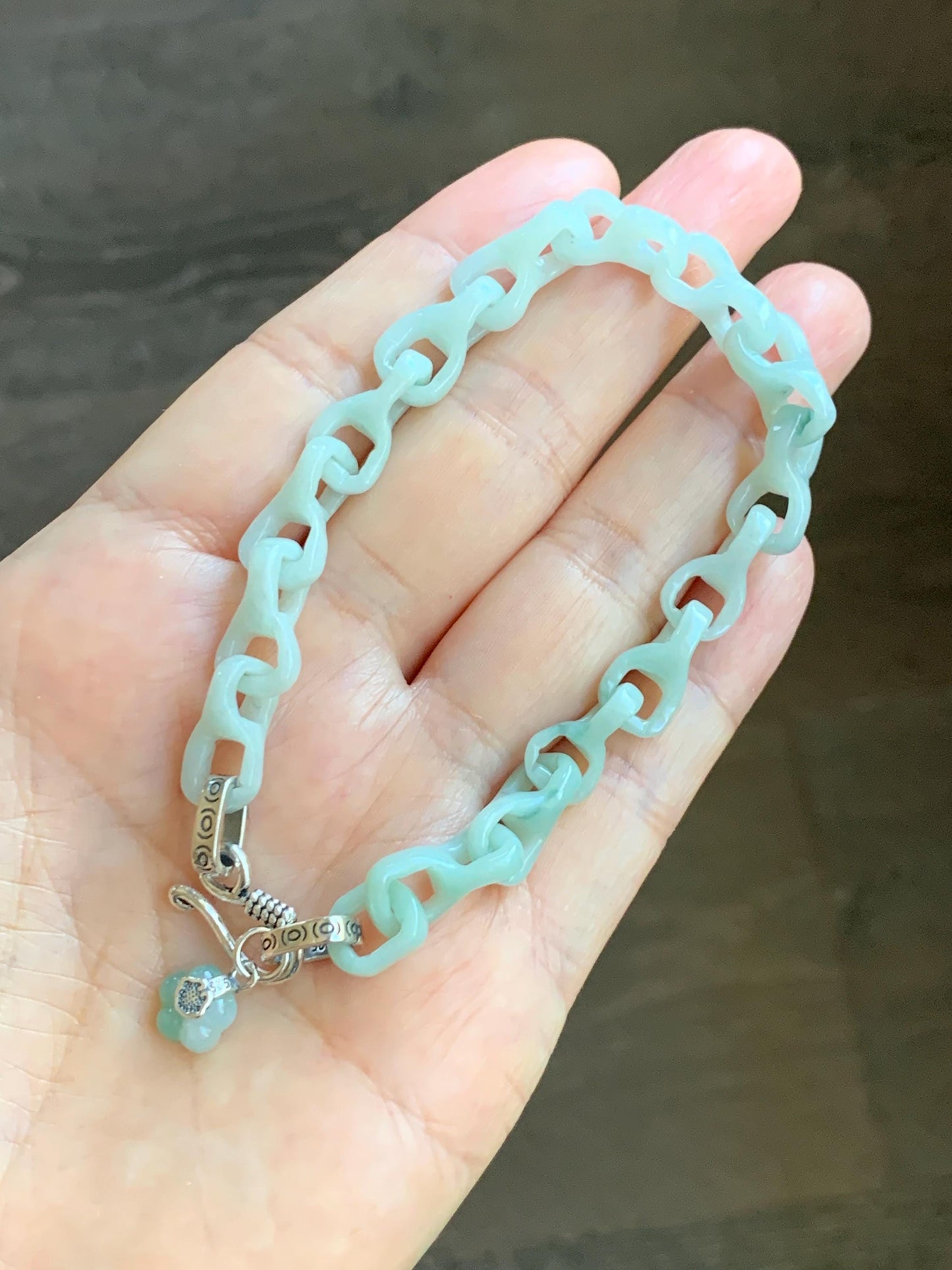Certified Natural Grade A Icy Pastel Green Jade Jadeite Carved Interlocking Dragon Bone Chain Bracelet Sterling Silver 8” 天然细糯晴底翡翠龙骨手链 574