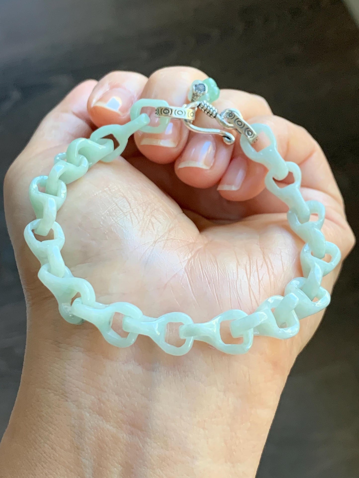 Certified Natural Grade A Icy Pastel Green Jade Jadeite Carved Interlocking Dragon Bone Chain Bracelet Sterling Silver 8” 天然细糯晴底翡翠龙骨手链 574