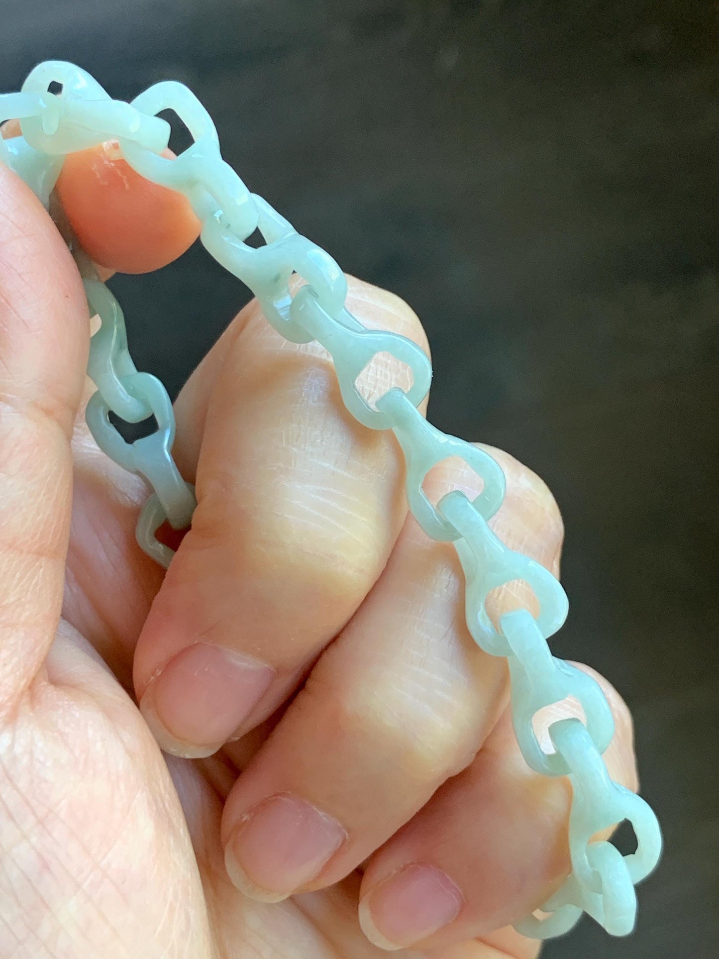 Certified Natural Grade A Icy Pastel Green Jade Jadeite Carved Interlocking Dragon Bone Chain Bracelet Sterling Silver 8” 天然细糯晴底翡翠龙骨手链 574