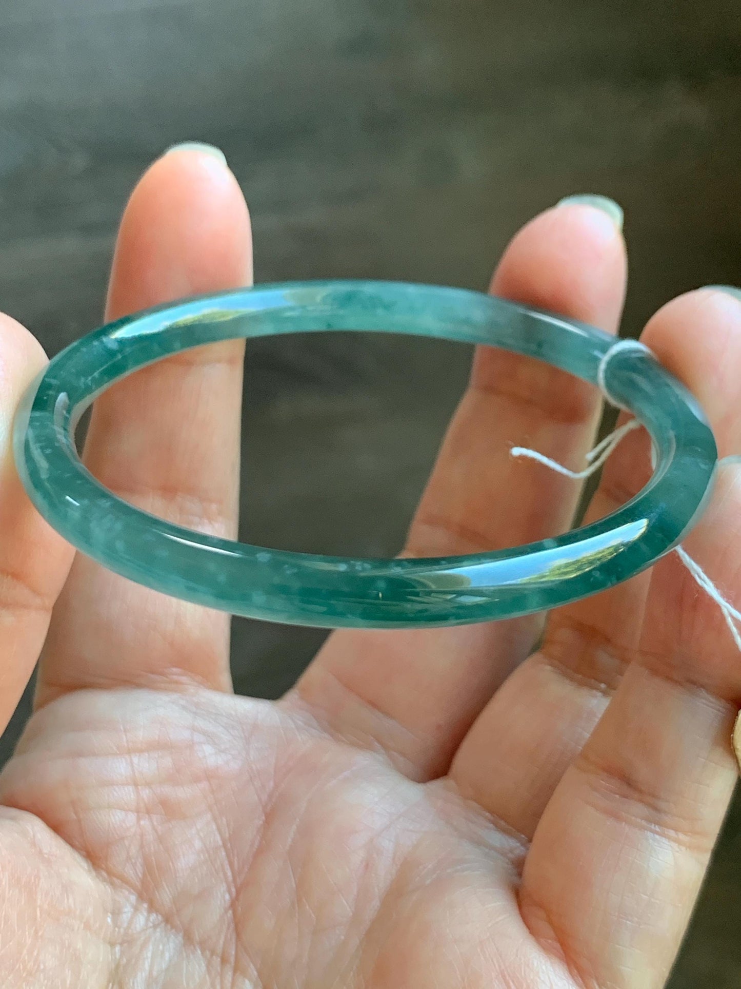 Certified Natural Grade A Guatemalan Icy Translucent Dark Teal Blue Jade Jadeite Slim Bangle Bracelet 55.78mm 6.89” 天然冰危深蓝绿翡翠细圆条手镯 073