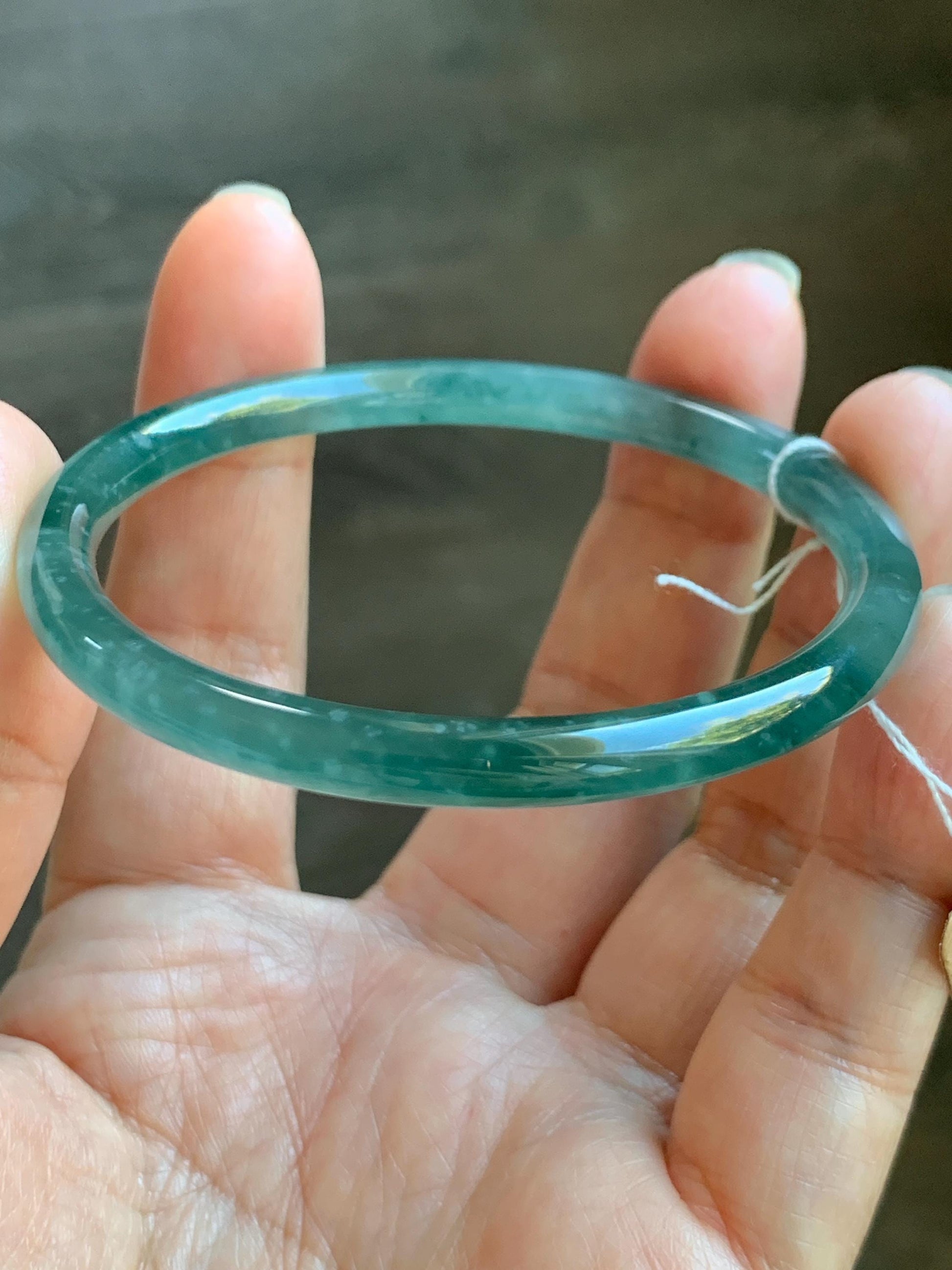 Certified Natural Grade A Guatemalan Icy Translucent Dark Teal Blue Jade Jadeite Slim Bangle Bracelet 55.78mm 6.89” 天然冰危深蓝绿翡翠细圆条手镯 073