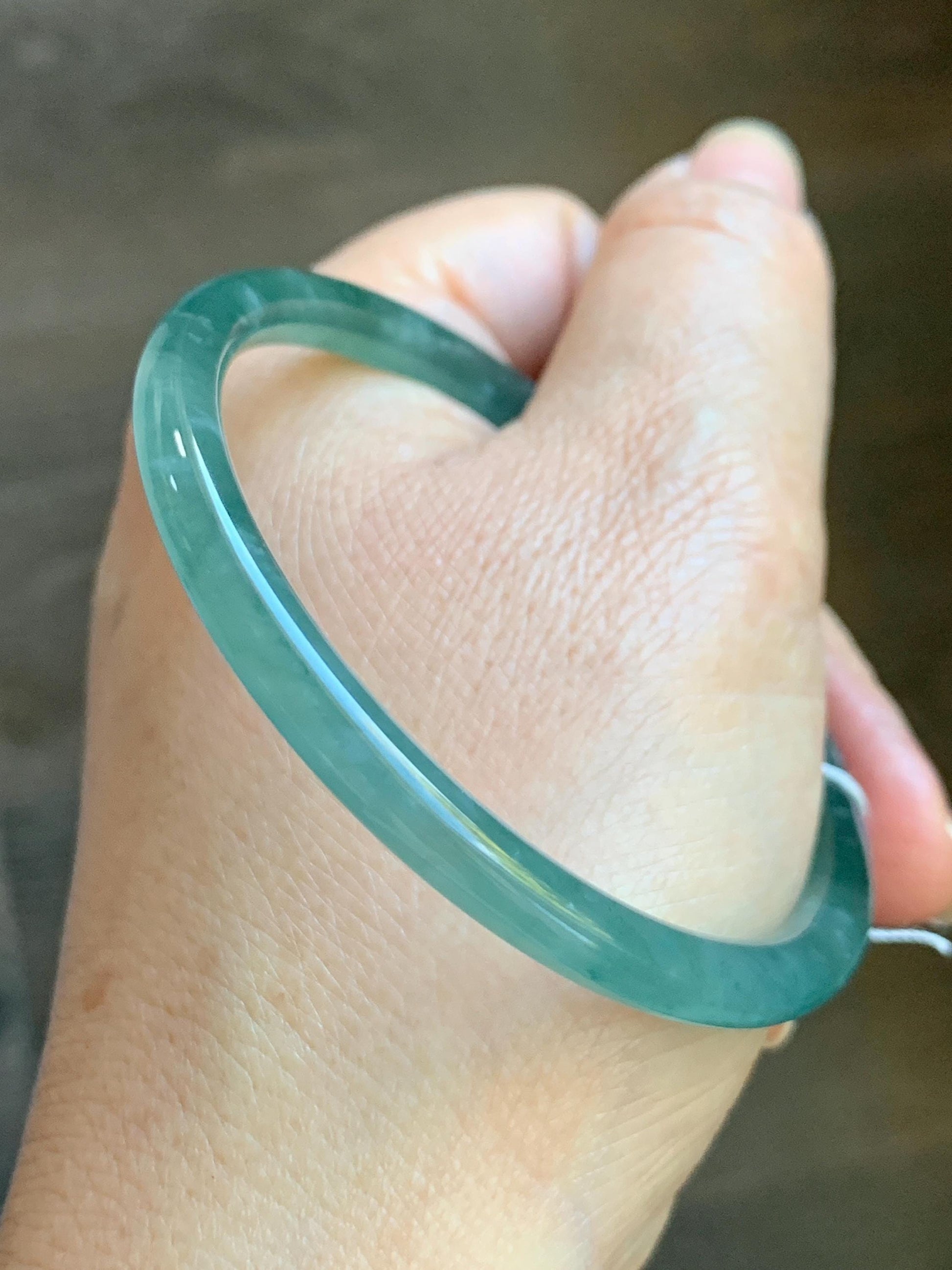 Certified Natural Grade A Guatemalan Icy Translucent Dark Teal Blue Jade Jadeite Slim Bangle Bracelet 55.78mm 6.89” 天然冰危深蓝绿翡翠细圆条手镯 073
